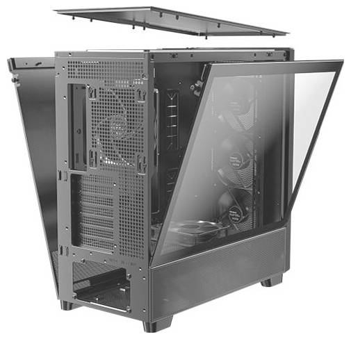 Černá počítačová skříň s průhledným bočním panelem a dvěma velkými ventilátory uvnitř. Horní strana mírně otevřená.