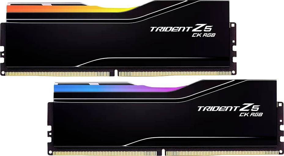 Dva moduly RAM s RGB podsvícením, označené jako 'Trident Z5 CK RGB'. Oba moduly mají černý design s barevnými světelnými efekty.