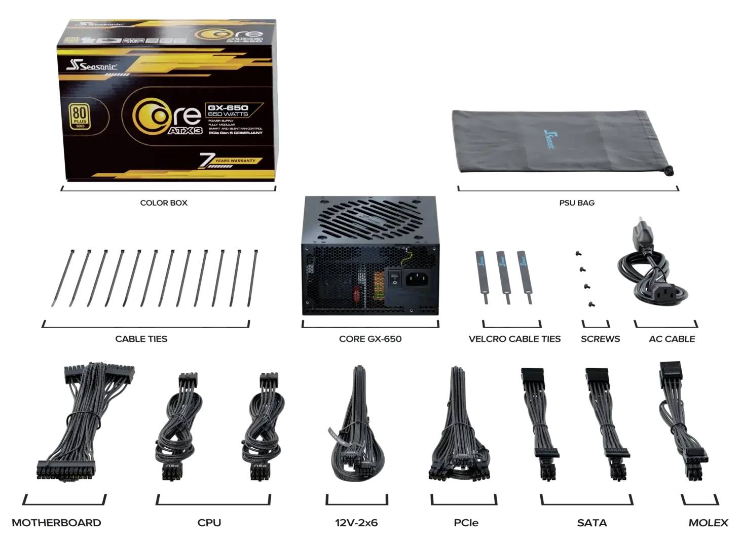 Napájecí zdroj Seasonic Core GX-650, balení a příslušenství: kabelové pásky, suchý zip, šrouby, PCIe, SATA a Molex kabely.