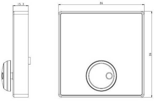 Technický výkres čtvercového spínače s centrálním otočným ovladačem. Rozměry: 86 x 86 mm, hloubka 15,3 mm.