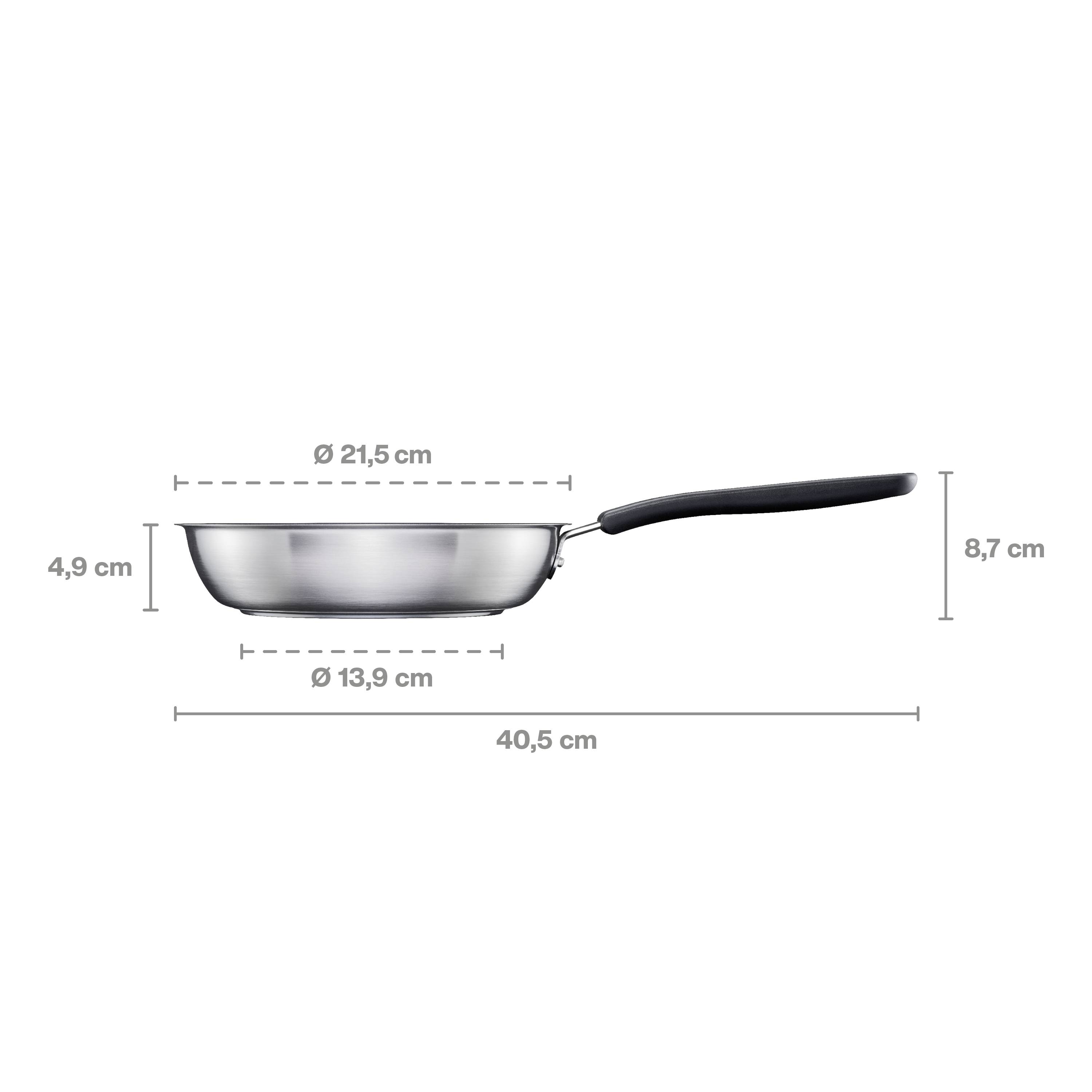 Hrnec s držadlem, průměr 21,5 cm, výška 4,9 cm. Celková délka 40,5 cm včetně držadla. Hlavní materiál: nerezová ocel.