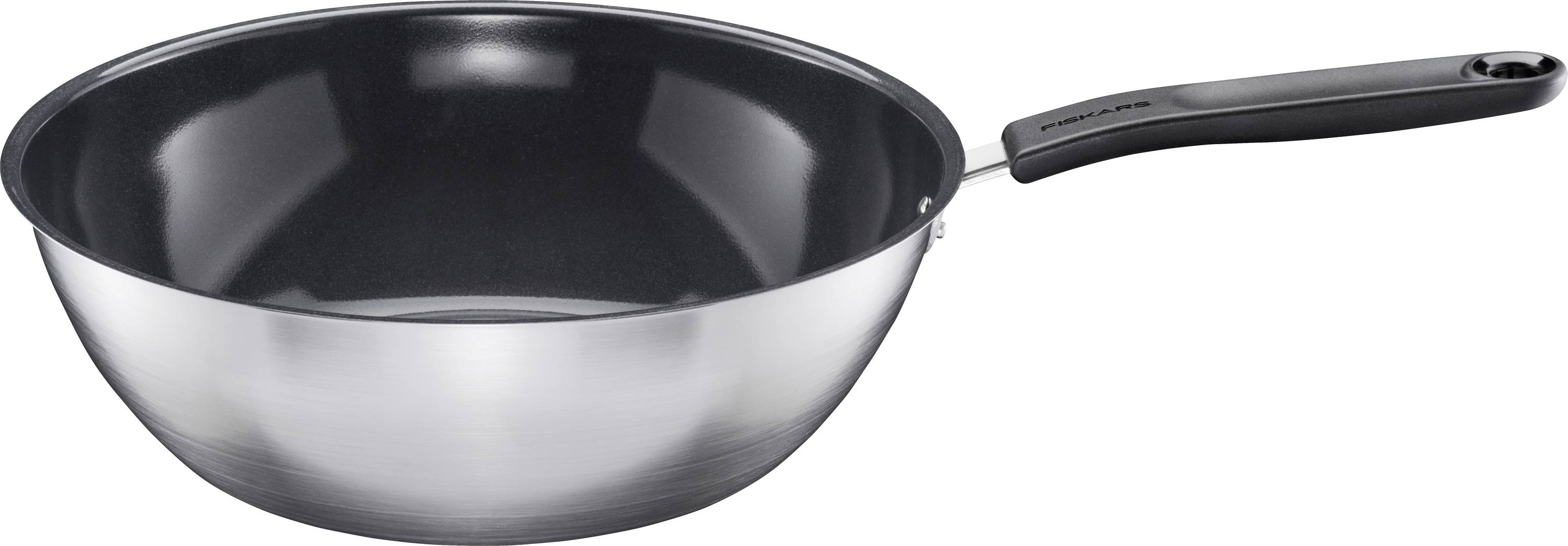 Stříbřitě šedý wok s černým vnitřkem a držadlem, vhodný pro vaření.