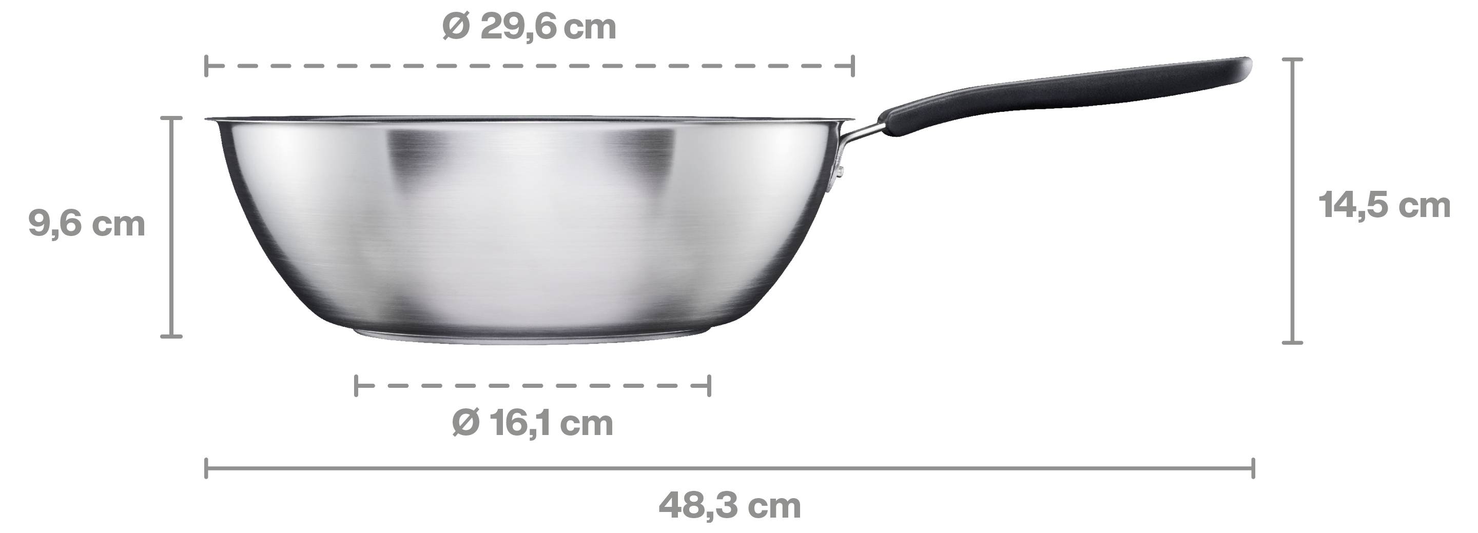 Stříbrná, kulatá pánev s černou rukojetí. Průměr nahoře 29,6 cm, průměr základny 16,1 cm, výška 9,6 cm, celková šířka 48,3 cm, výška rukojeti 14,5 cm.