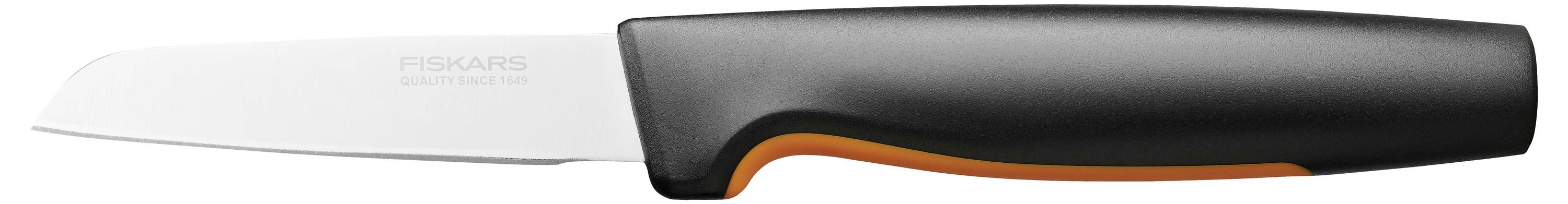 Kuchyňský nůž s bílou čepelí a černou ergonomickou rukojetí s oranžovým akcentem, zobrazený z boku.