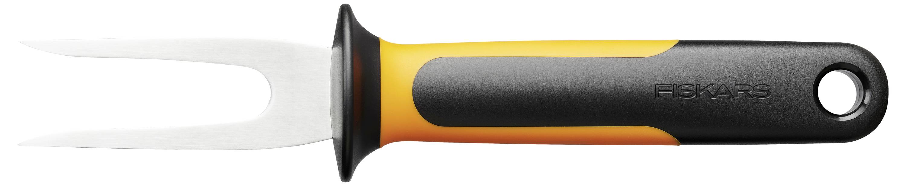 Speciální dvouvidlicová masová vidlice určená pro krájení a porcování masa s ergonomickou rukojetí v černé a oranžové barvě.