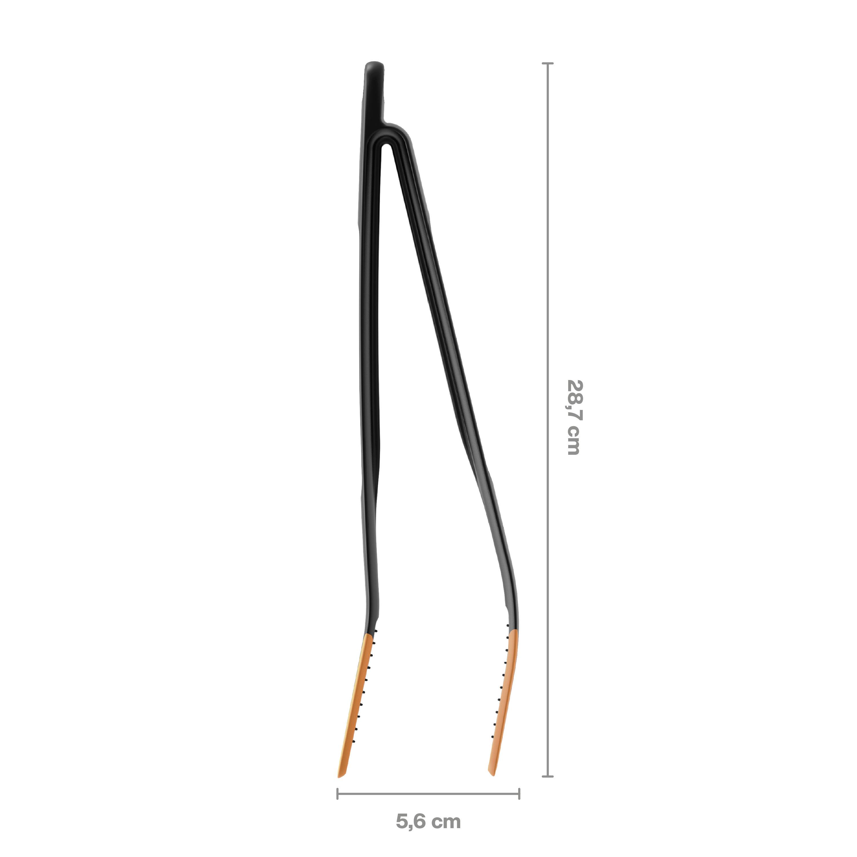Černé grilovací kleště s dřevěnou rukojetí, délka 28,7 cm, šířka 5,6 cm.