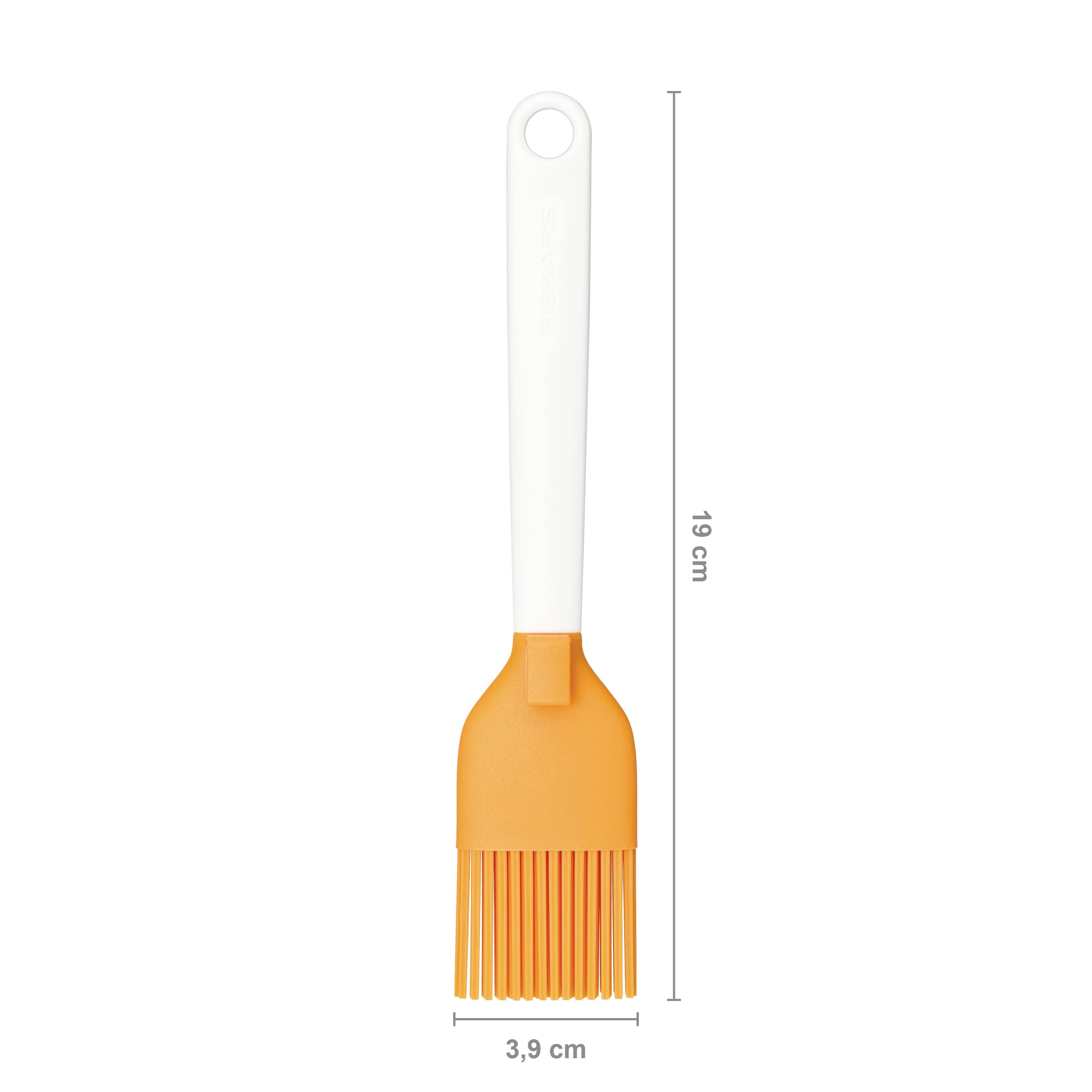 Silikonový štětec na pečení v oranžovo-bílé barvě s rukojetí, vysoký 19 cm a široký 3,9 cm. Vhodný pro potírání pečiva nebo grilovaných potravin.