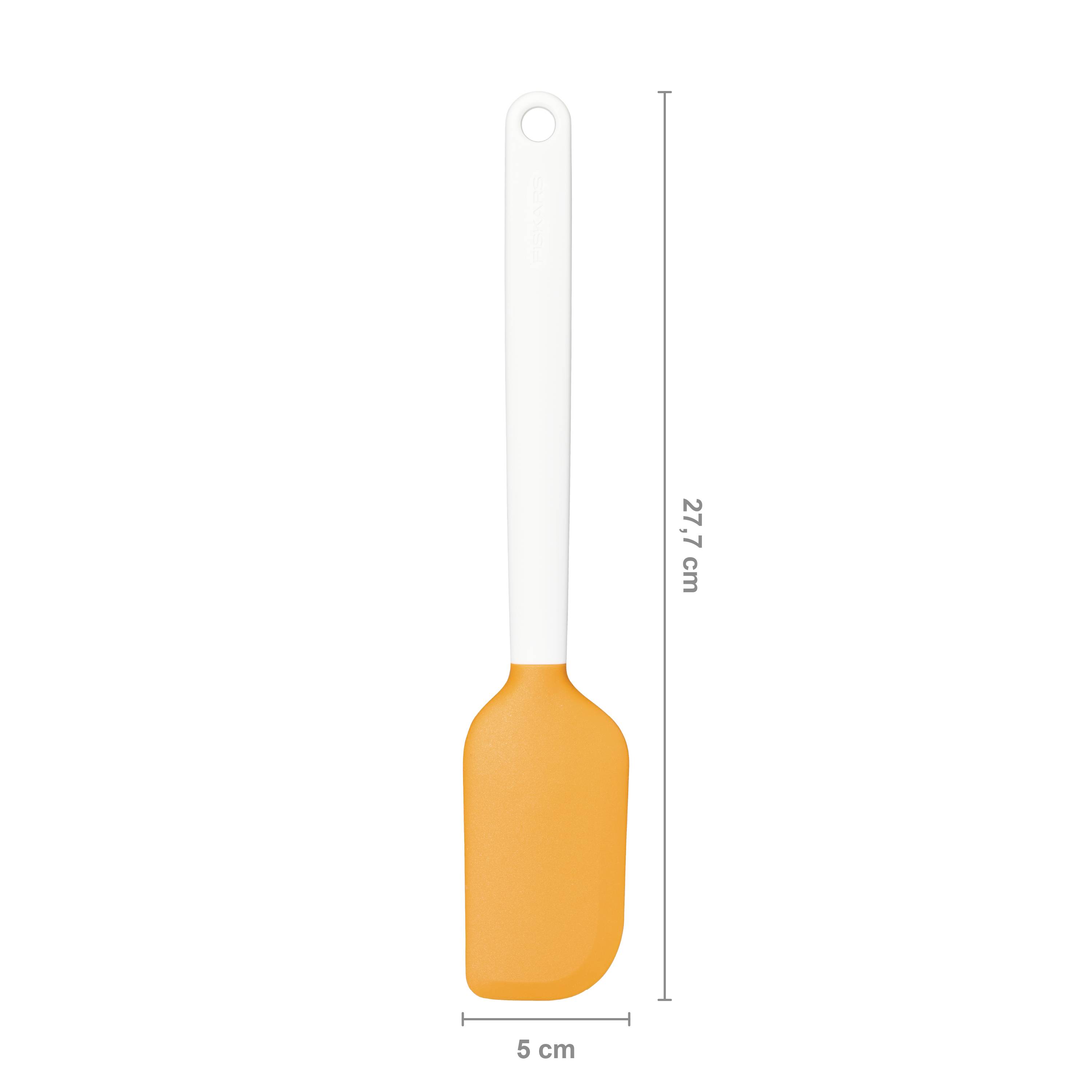 Kuchyňská stěrka s bílou rukojetí a oranžovou hlavou. Celková délka 21,7 cm, šířka 5 cm. Vhodná pro míchání a seškrabávání.