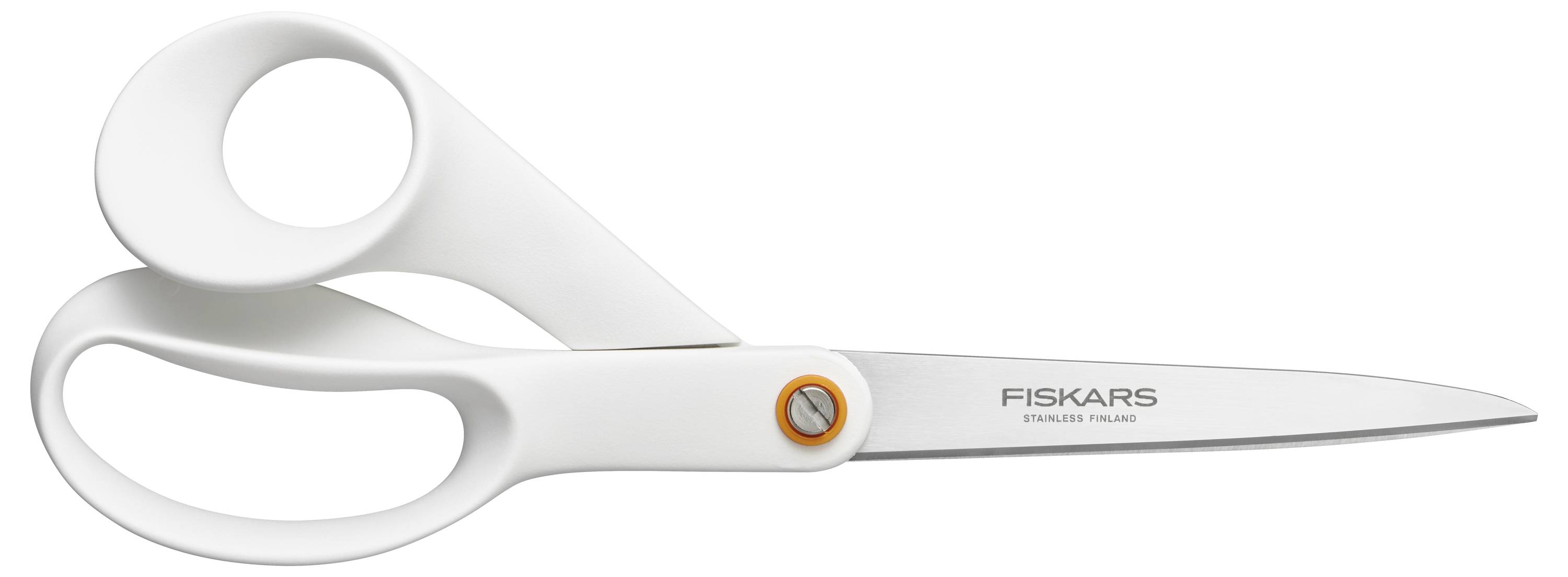 Bílé nůžky s ergonomickými rukojeťmi a stříbrnou čepelí s nápisem 'Fiskars'.