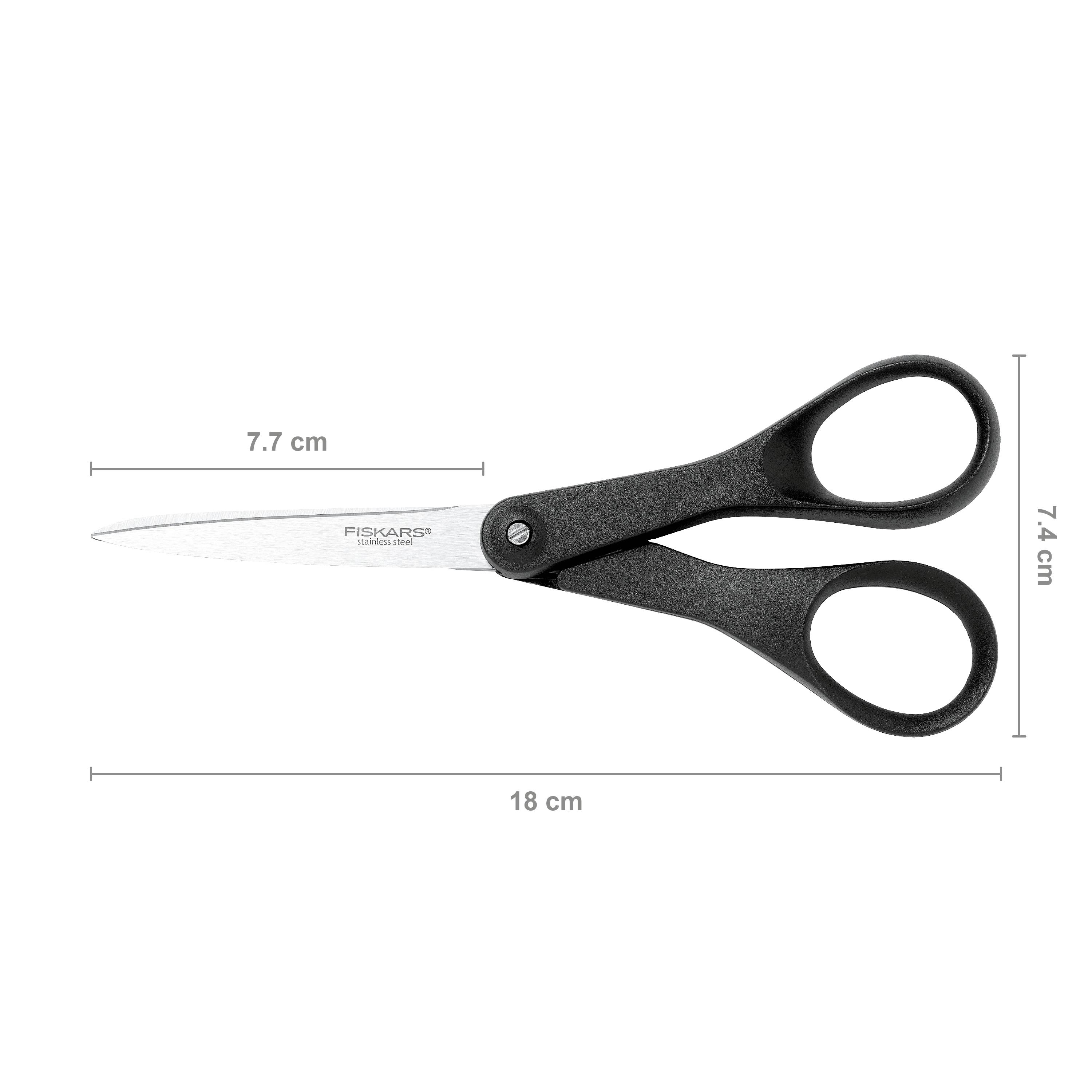 Černé nůžky s rozměry: délka čepele 7,7 cm, celková délka 18 cm. Vhodné pro běžné střihací práce.