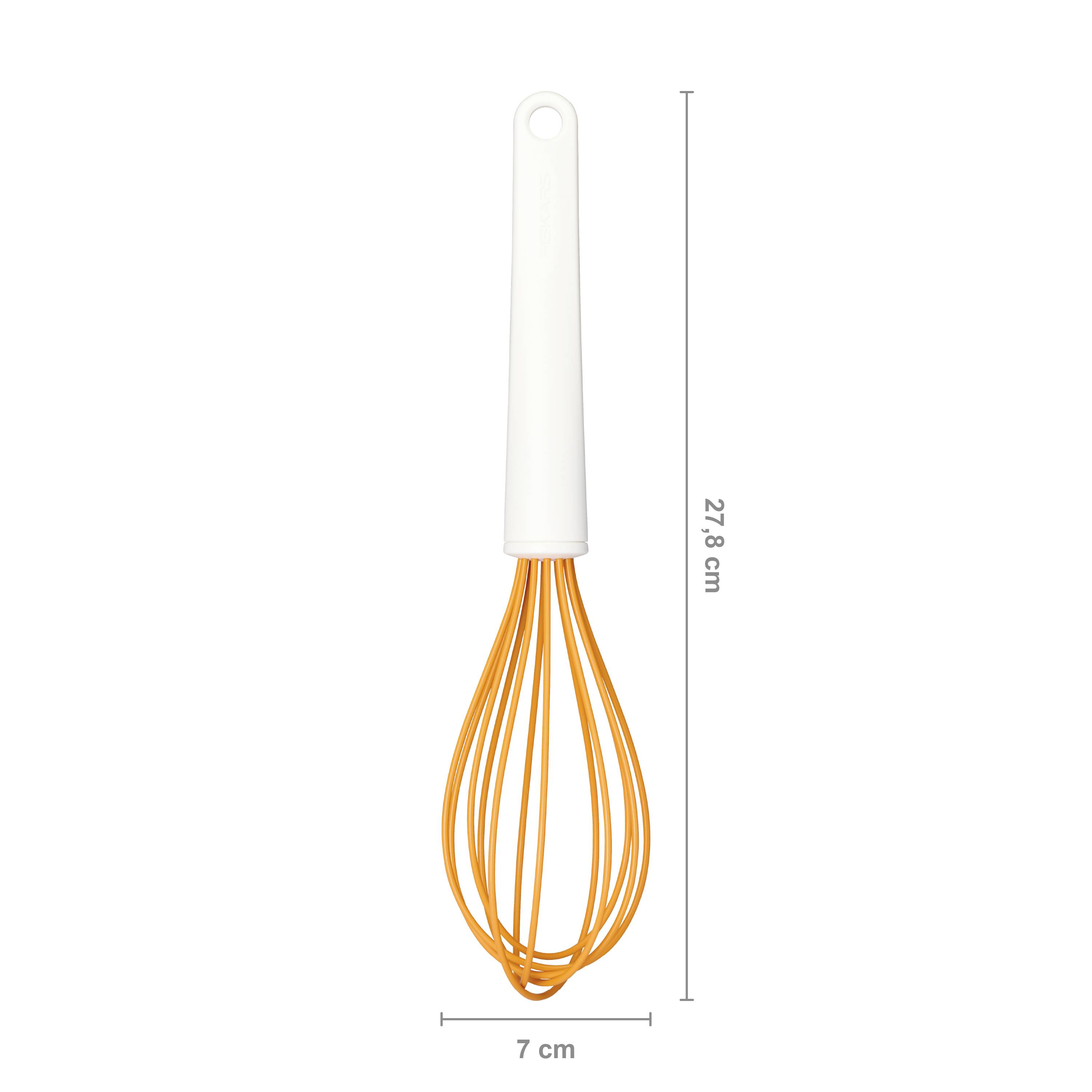 Šlehač s oranžovými dráty a bílou rukojetí, délka 27,8 cm, šířka 7 cm.