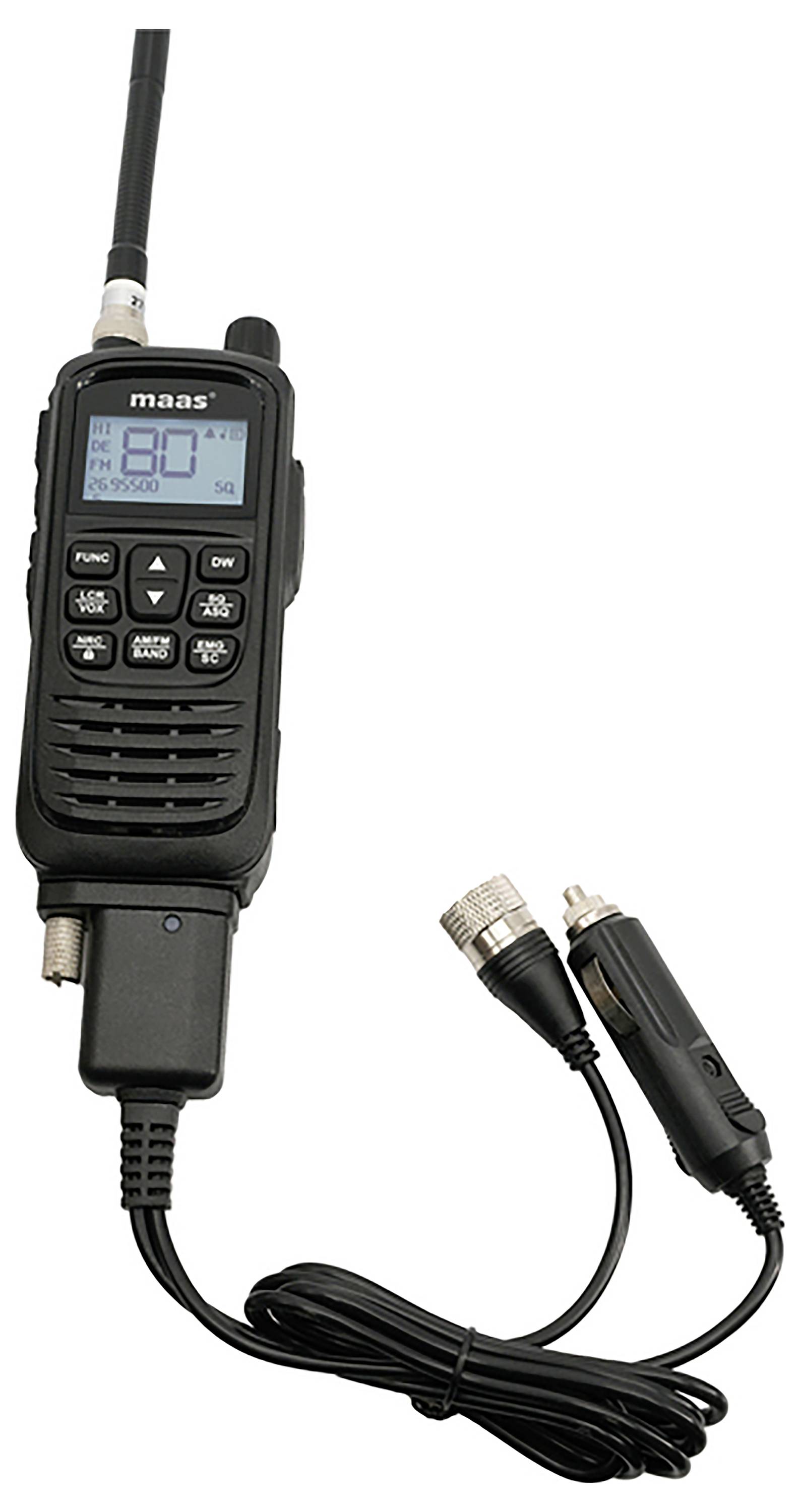 Mobilní radiostanice s anténou a ovládacími tlačítky je zobrazena. Kabel je připojen, včetně adaptéru do autozapalovače.