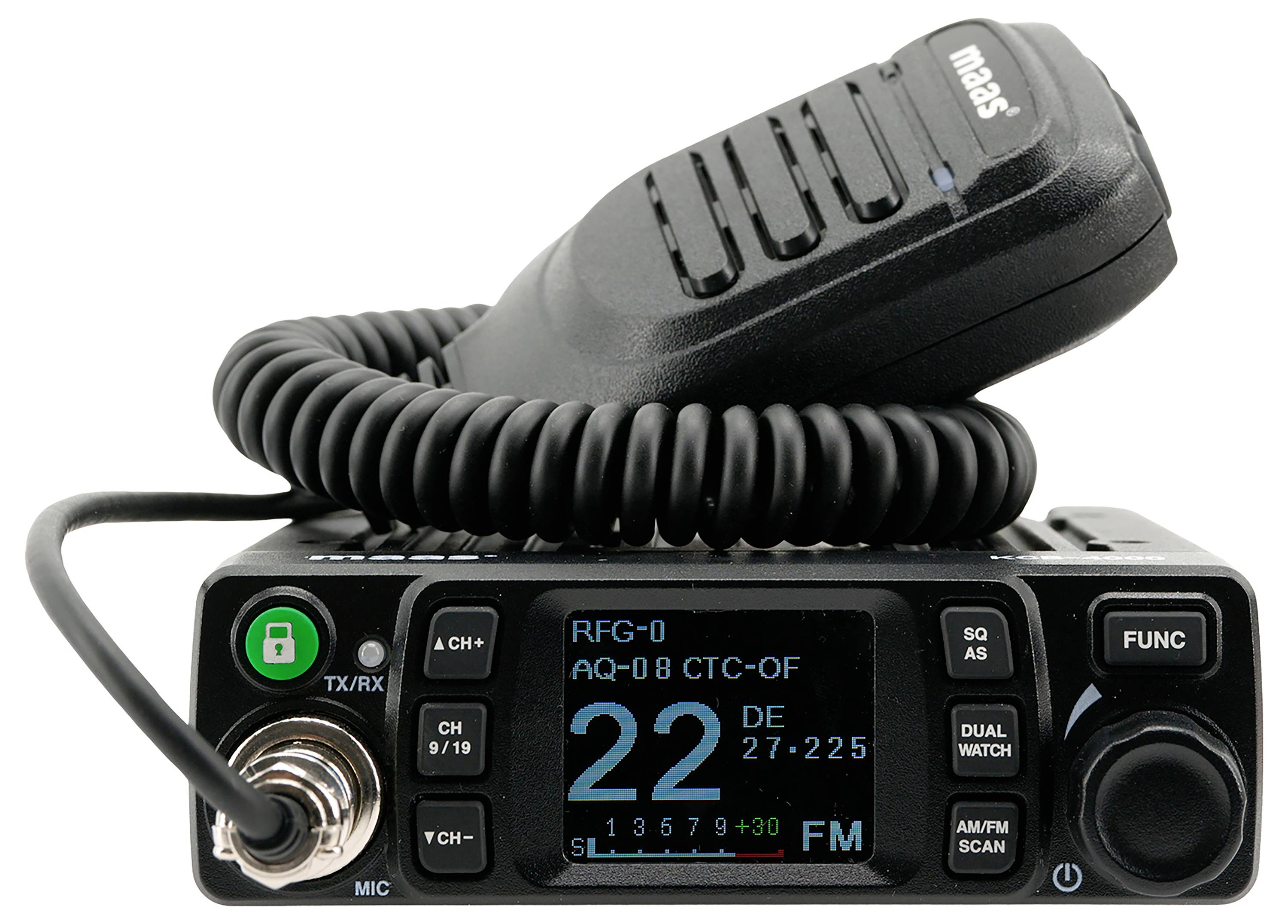 Ruční radiostanice s mikrofonem. Display zobrazuje nastavený frekvenční rozsah. Jsou k dispozici tlačítka pro ovládání frekvence a hlasitosti.