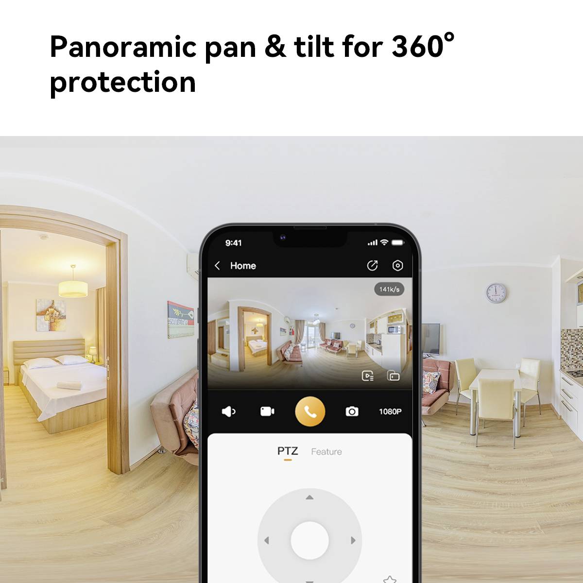 Smartphone zobrazuje ovládání kamery, které nabízí 360° pohled na obývací pokoj, včetně funkcí panoramatického otáčení a naklápění.