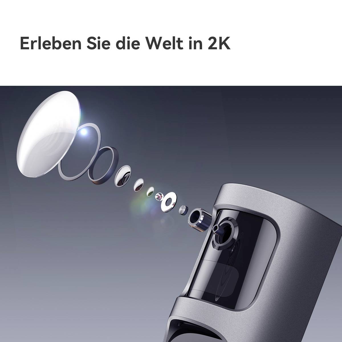 Fotoaparát s několika vrstvami čoček, který naznačuje obrazovou kvalitu v 2K. Text: 'Poznejte svět v 2K'