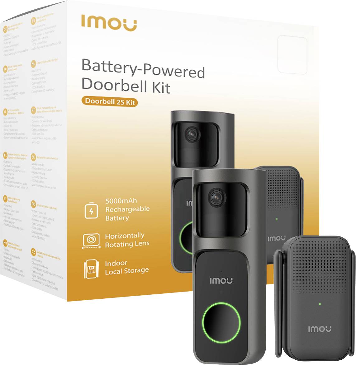 Bezdrátový zvonek Imou s bateriovým napájením, 5000 mAh akumulátor, rotační objektiv, vnitřní úložiště. Balení zobrazuje zvonek a příslušenství.