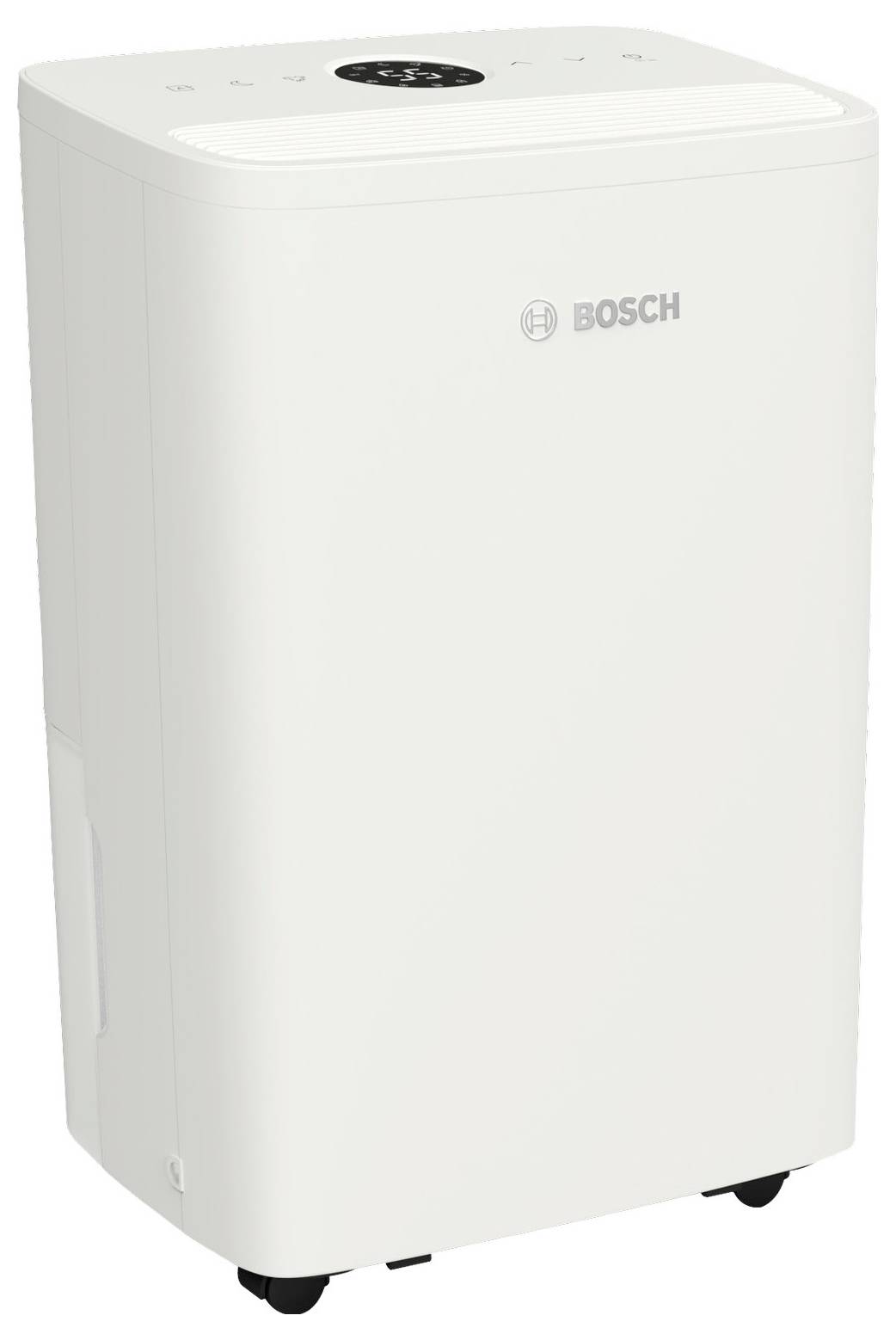 Bílý, čtvercový odvlhčovač vzduchu s logem Bosch, ovládacími tlačítky nahoře a kolečky dole pro snadné přemísťování.