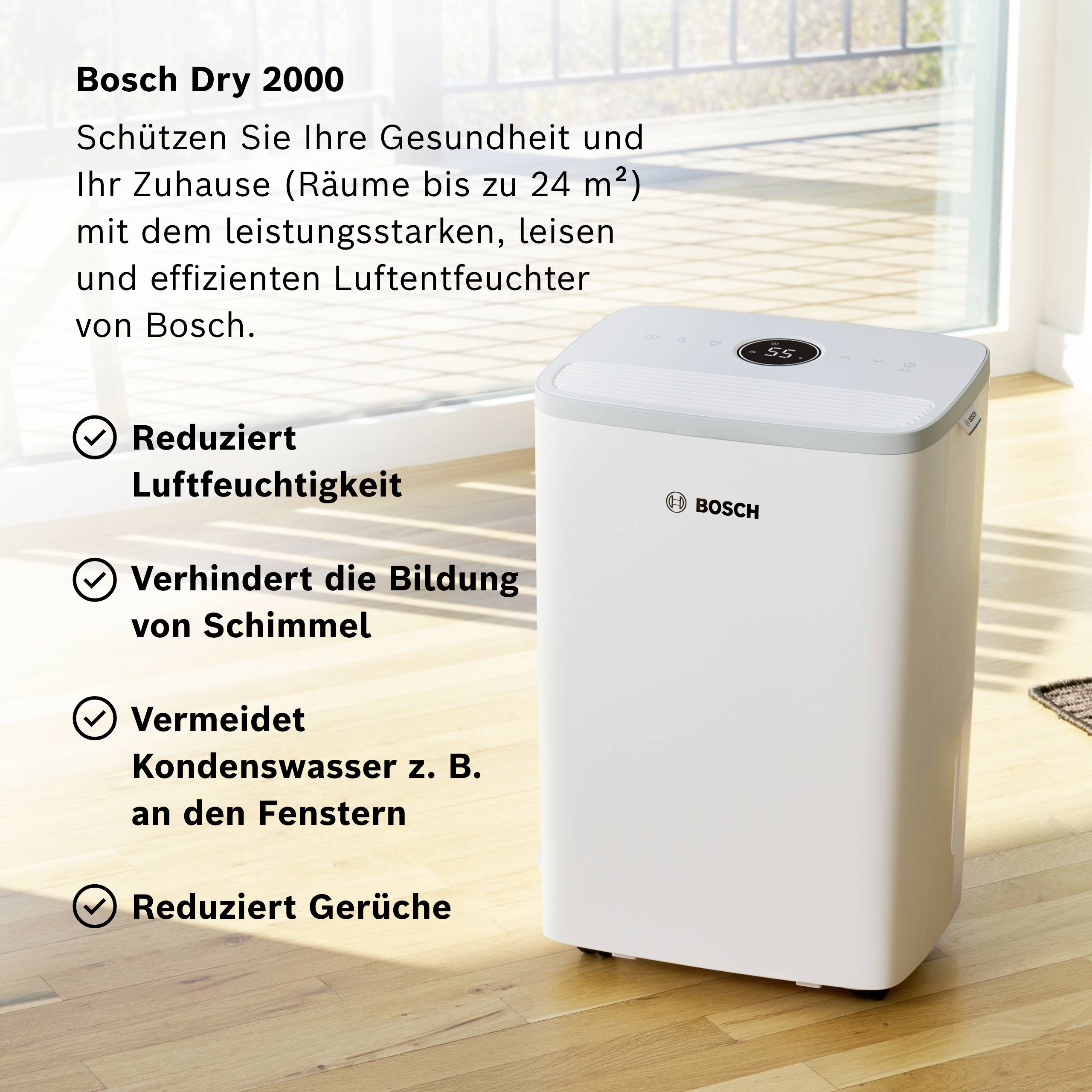 Odvlhčovač vzduchu Bosch Dry 2000; snižuje vlhkost vzduchu, brání tvorbě plísní, zabraňuje kondenzaci vody, omezuje zápachy.