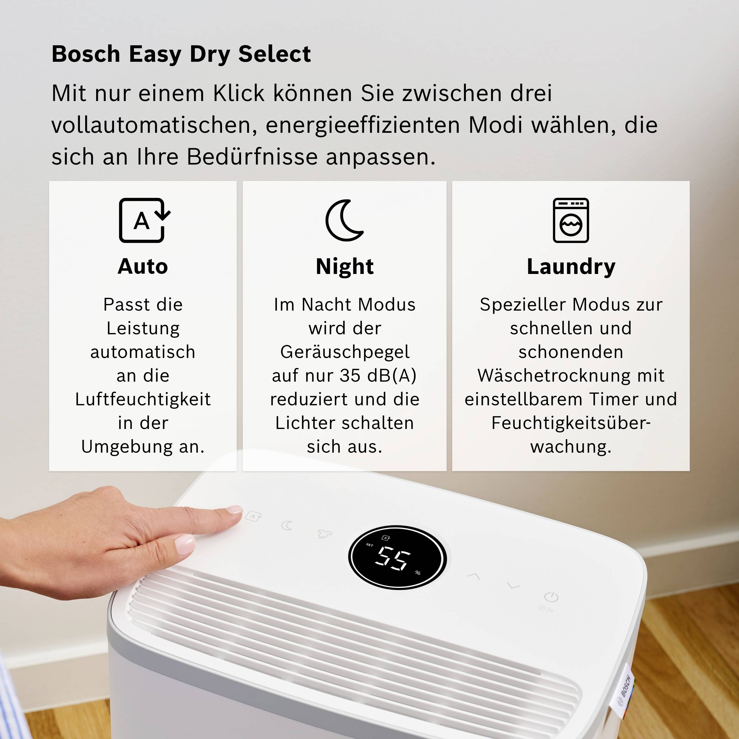 Možnosti modů 'Bosch Easy Dry Select': Auto přizpůsobuje výkon, Noc snižuje hlučnost, Prádlo pro rychlé sušení.