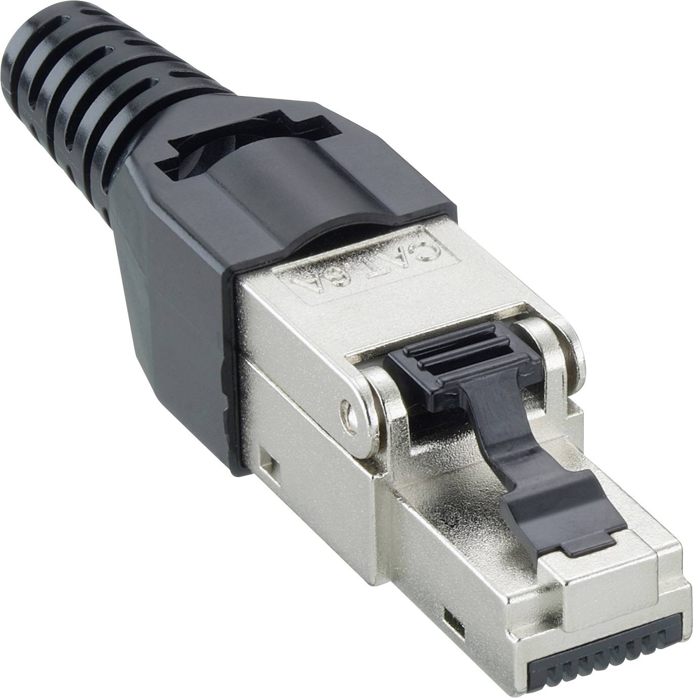 Černý a stříbrný síťový konektor se zajišťovacím mechanismem, vhodný pro ethernetové připojení, umístěný na bílém pozadí.