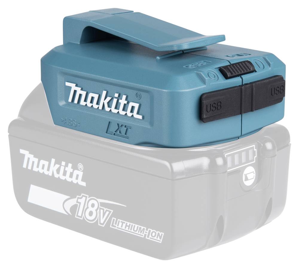 Tyrkysový akumulátorový pack Makita 18V s lithium-iontovou technologií, vybavený USB nabíjecími porty, navržený pro použití s elektrickým nářadím.