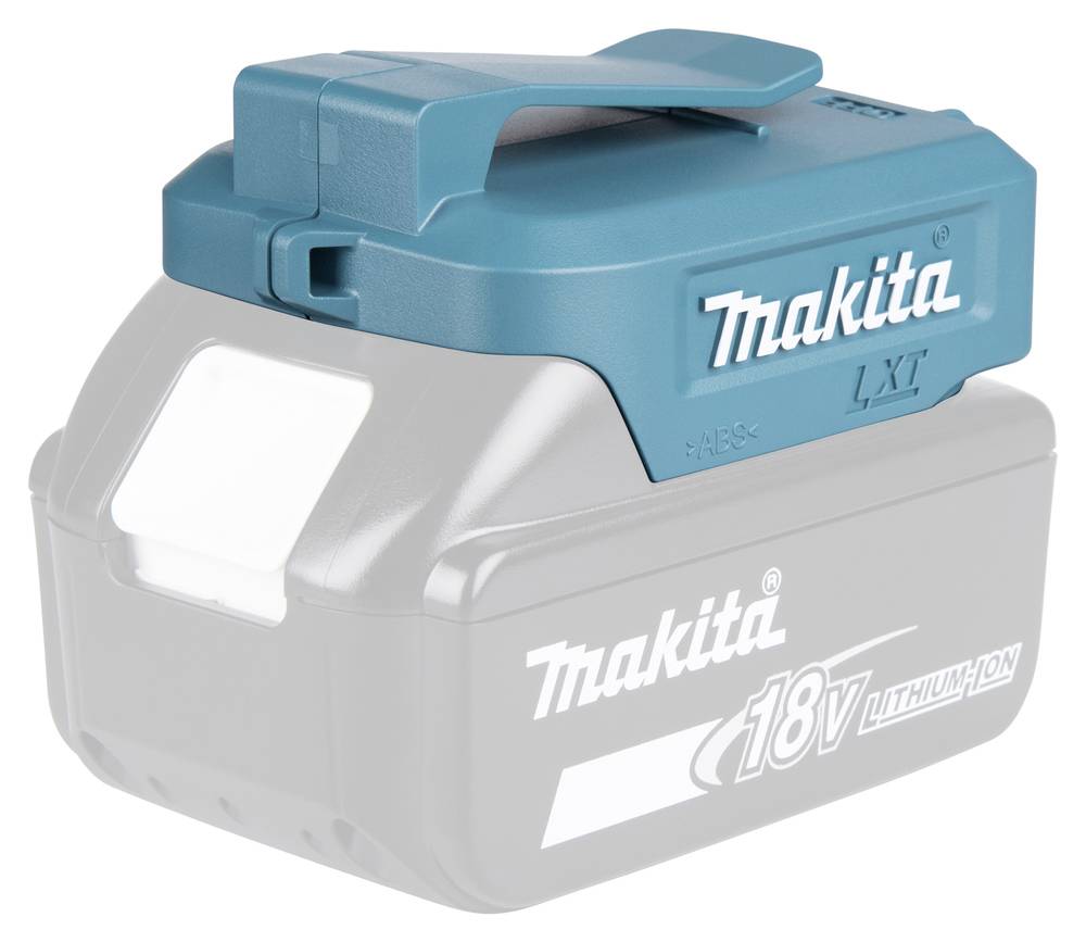Bateriový pack Makita 18V LXT s lithium-iontovou technologií s tealovým horním krytem a firemním logem, určený pro napájení bezdrátových elektrických nástrojů.