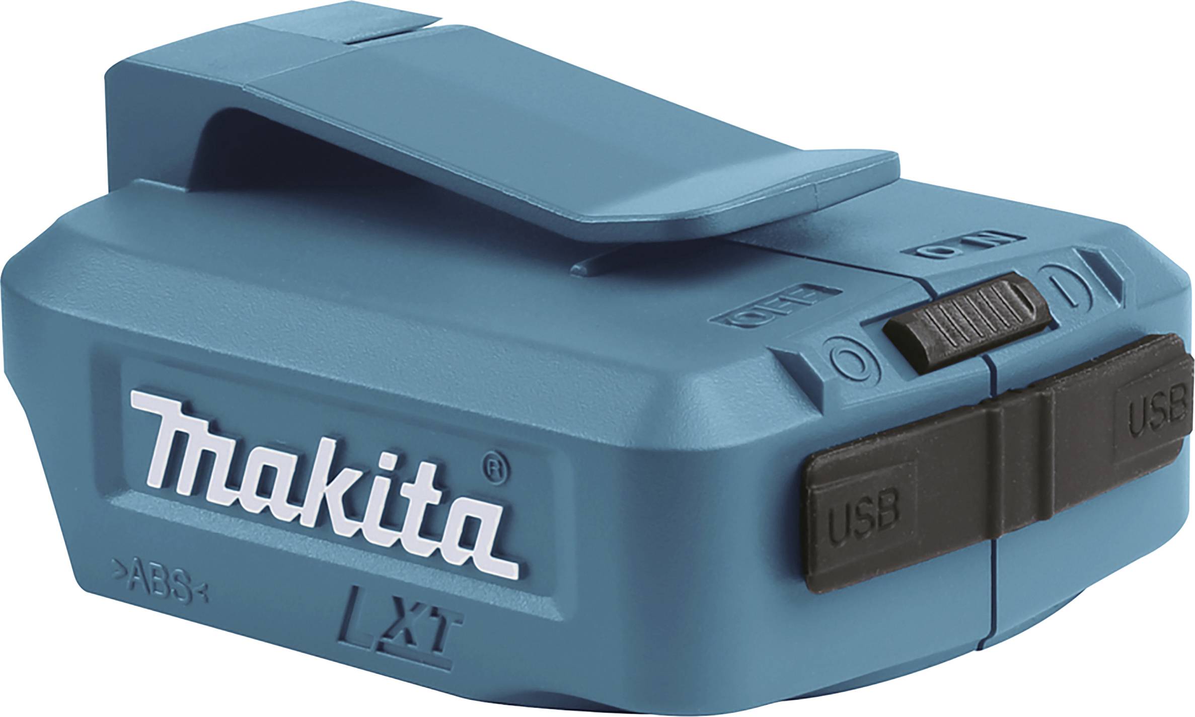 Modré, obdélníkové zařízení se dvěma USB porty a klipem. Nápis: 'Makita LXT'.