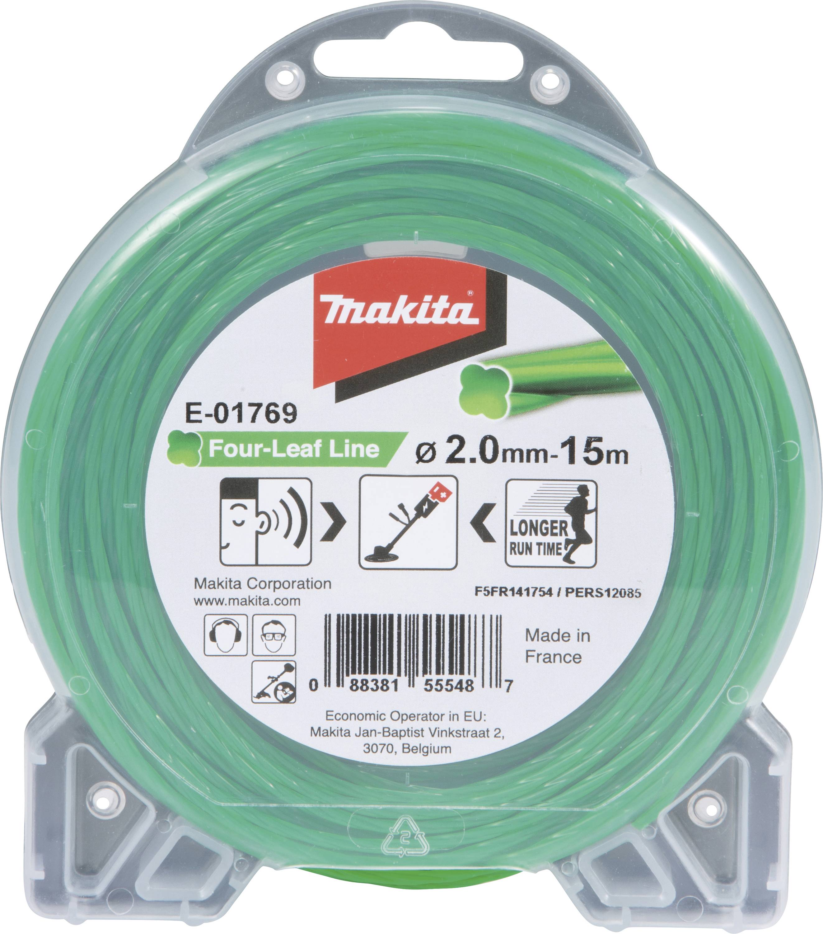 Zelená struna do sekačky, 15 metrů, průměr 2,0 mm, pro zahradní nářadí Makita, délka optimalizovaná pro delší dobu použití, vyrobeno ve Francii.