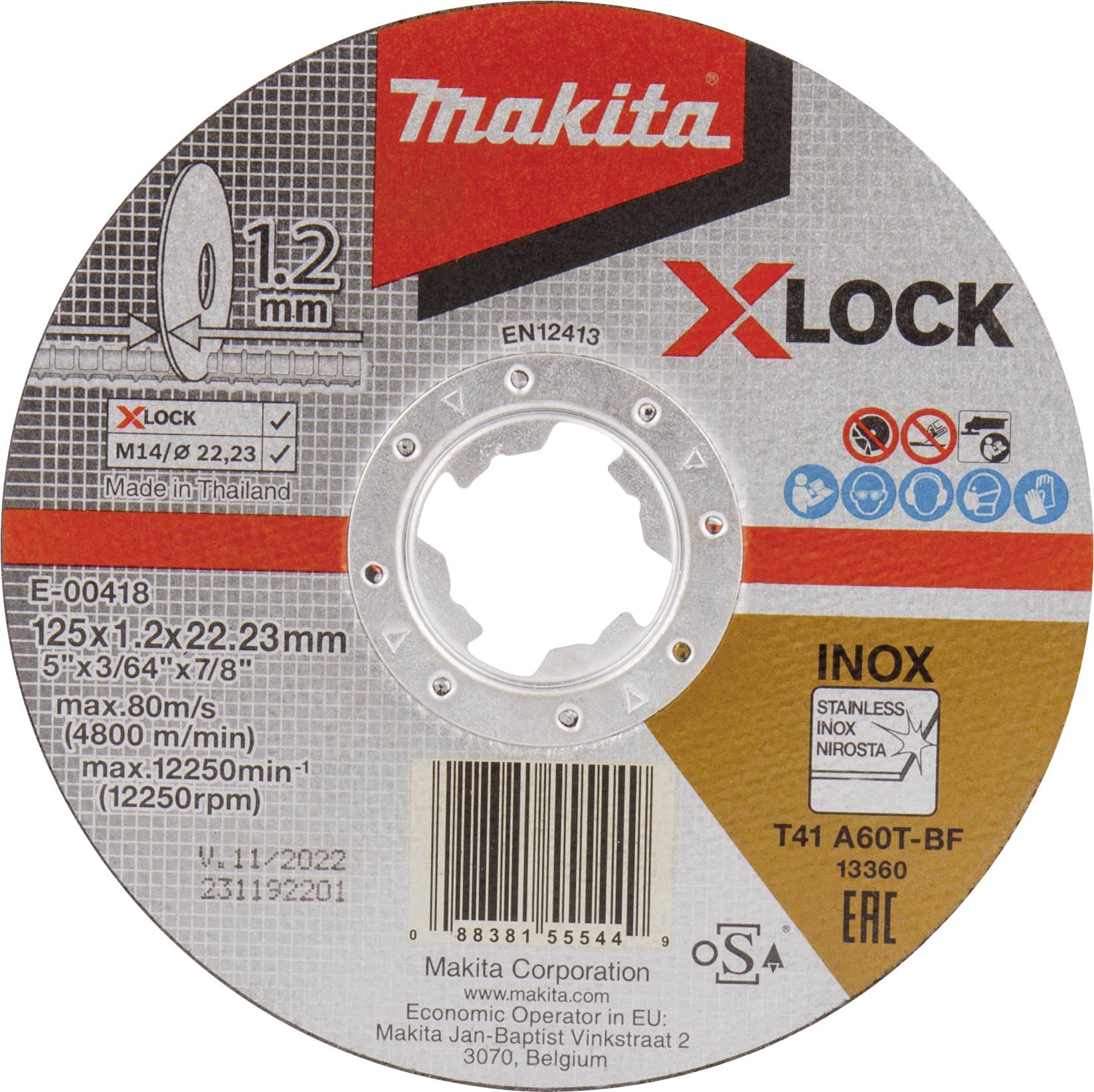 Řezný kotouč Makita pro nerez, 125 mm x 1,2 mm x 22,23 mm, T41 A60T-BF. Max. 80 m/s, 12250 ot./min. Vyrobeno v Thajsku.