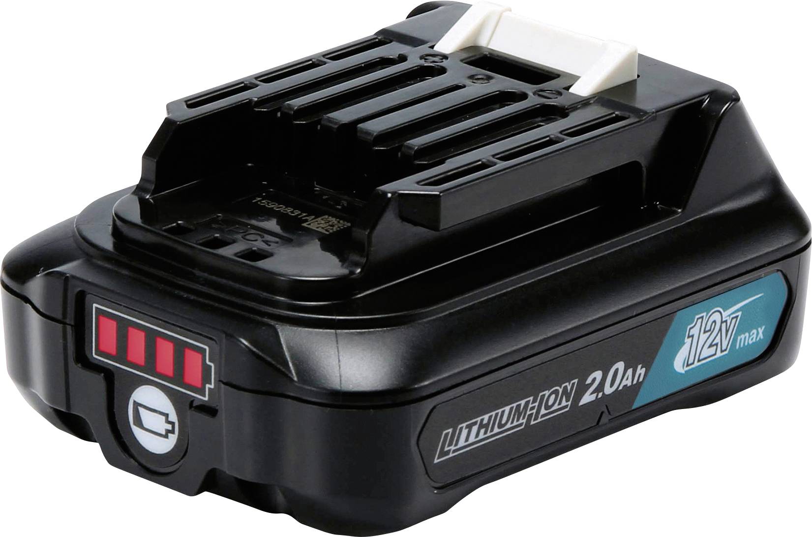Lithium-iontová baterie s 2,0 Ah a 12 V pro elektrické nářadí. Indikátor nabití a značení viditelné na straně.