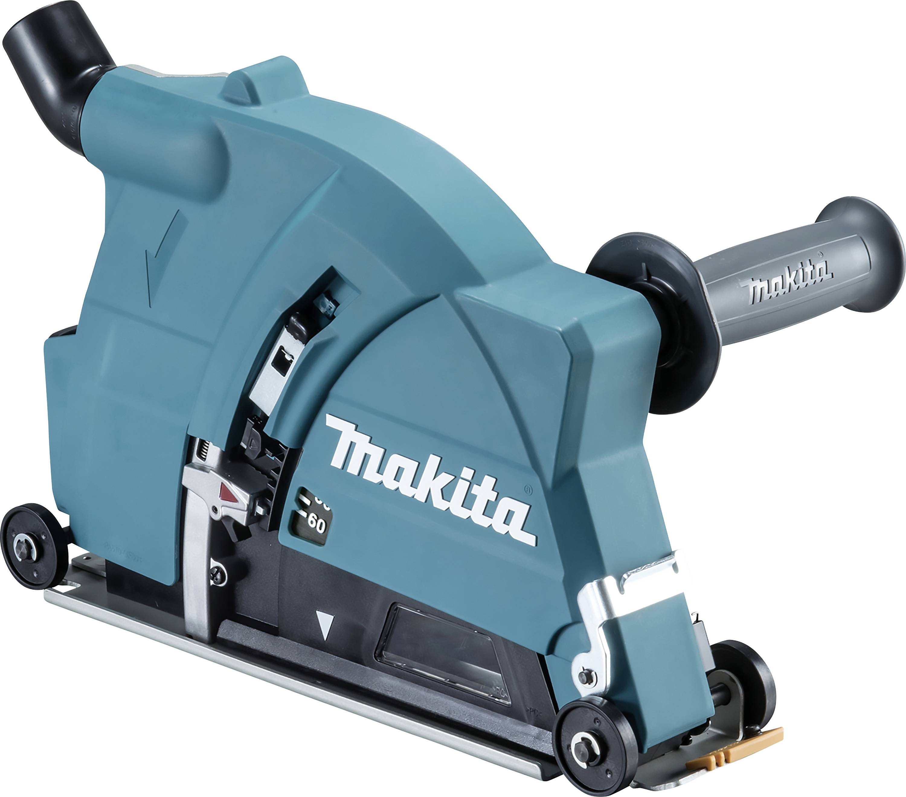 Modrá drážkovací frézka od Makity s ergonomickou rukojetí a kolečky dole pro snadné vedení. Ideální pro přesné řezání.
