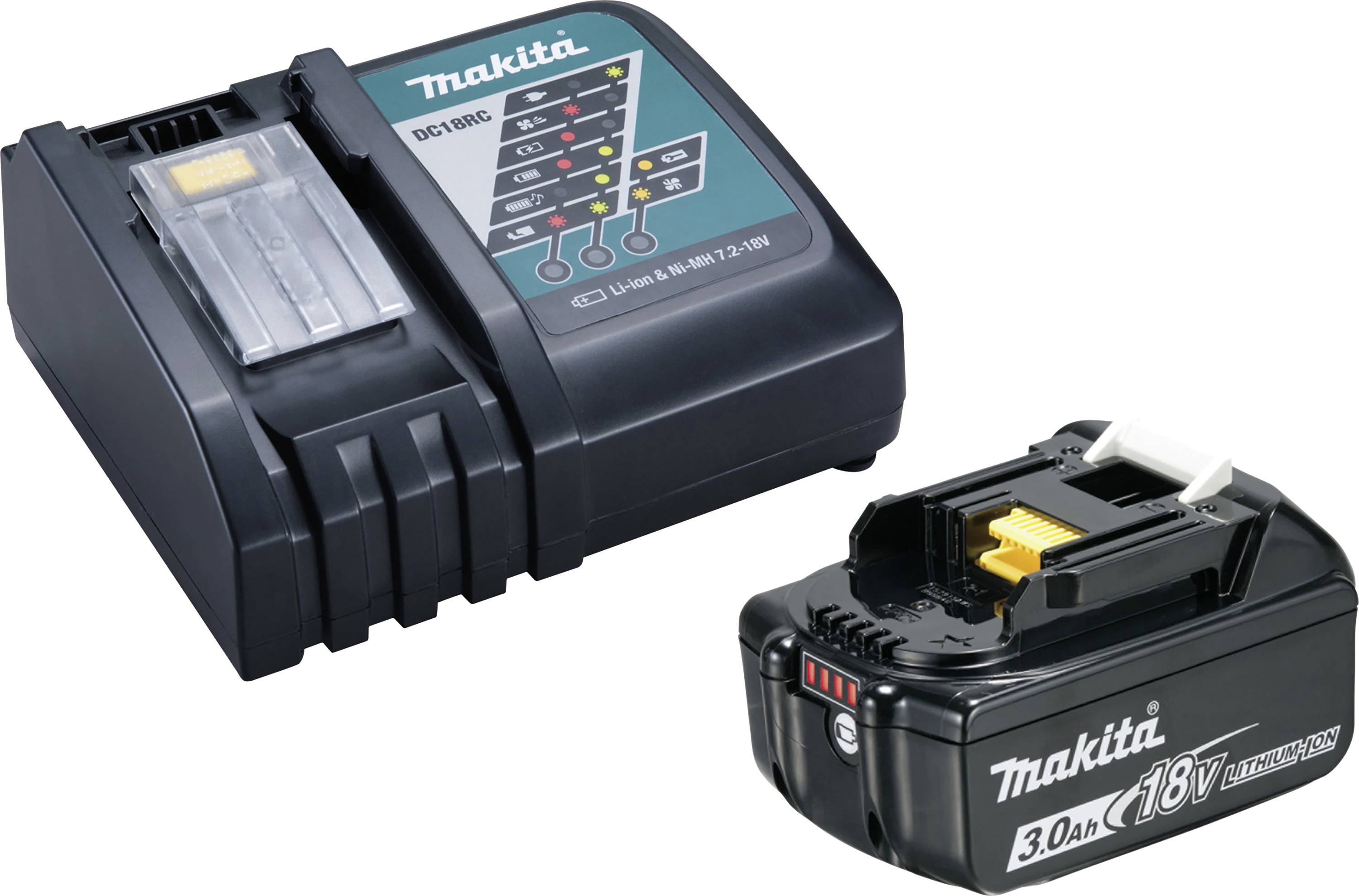 Nabíječka a akumulátor značky Makita. Nabíječka zobrazuje stavový indikátor. Akumulátor má kapacitu 3,0 Ah a 18 V.