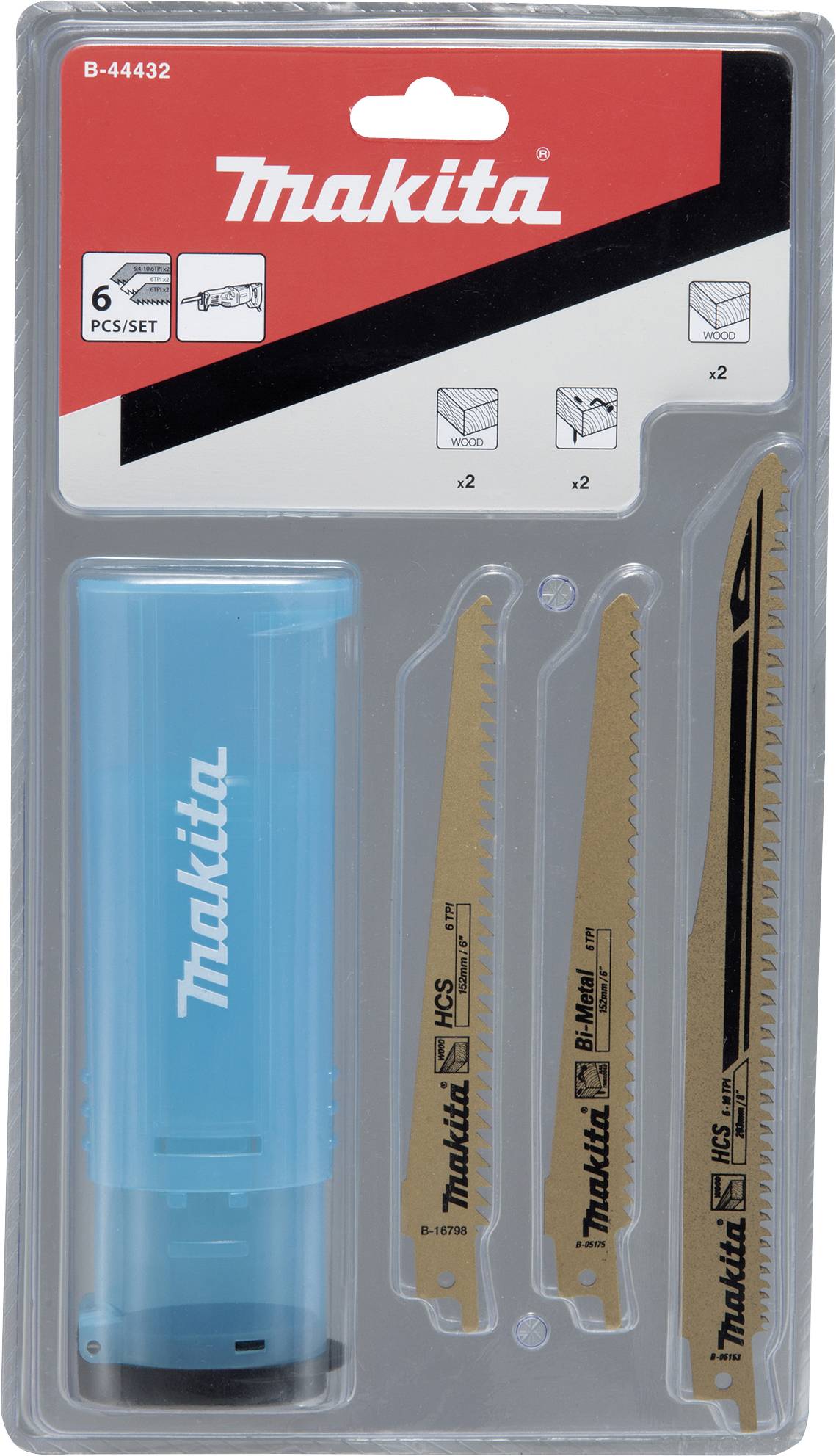 'Sada pilových listů Makita B-44432, 6dílná, s úložným boxem. Obsahuje pilové listy na kov a dřevo.'