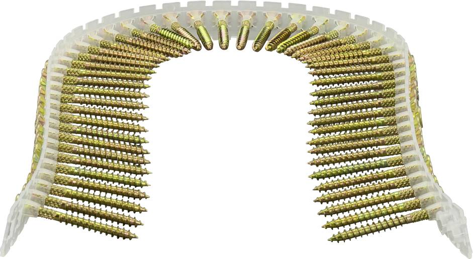 Půlkruhová řada zlatavých a černých šroubů rovnoměrně rozmístěných v bílém držáku.