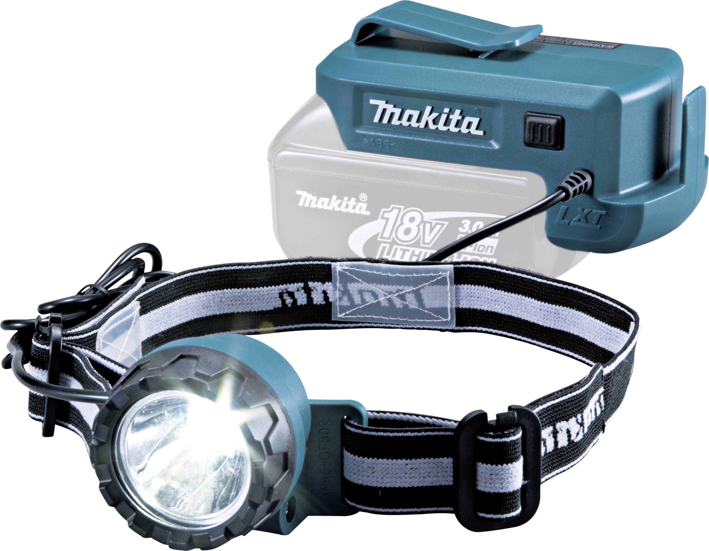 Čelovka s elastickým páskem a připojenou baterií. Baterie je označena 'Makita 18V Lithium-Ion'.
