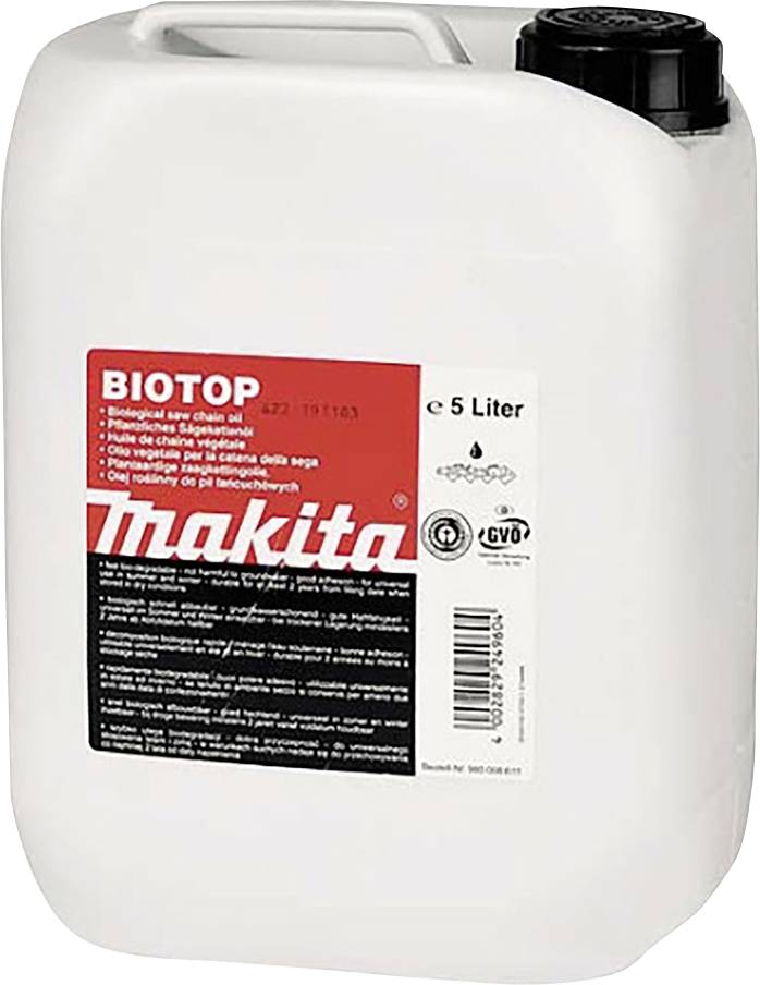Bílý 5litrový kanystr s nápisem 'Biotop' a názvem značky. Obsahuje biologický řetězový olej pro motorové pily.