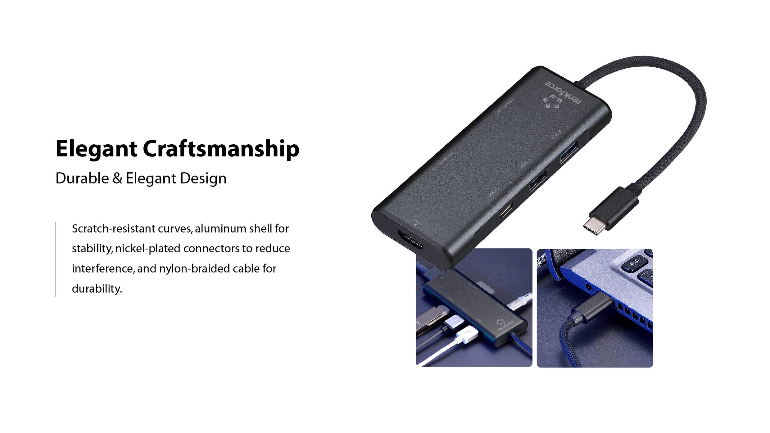 Rozbočovač USB-C s označením 'Elegantní řemeslné zpracování' s několika porty, odolnou konstrukcí s otěruvzdornými křivkami, hliníkovým pláštěm a opletaným kabelem.