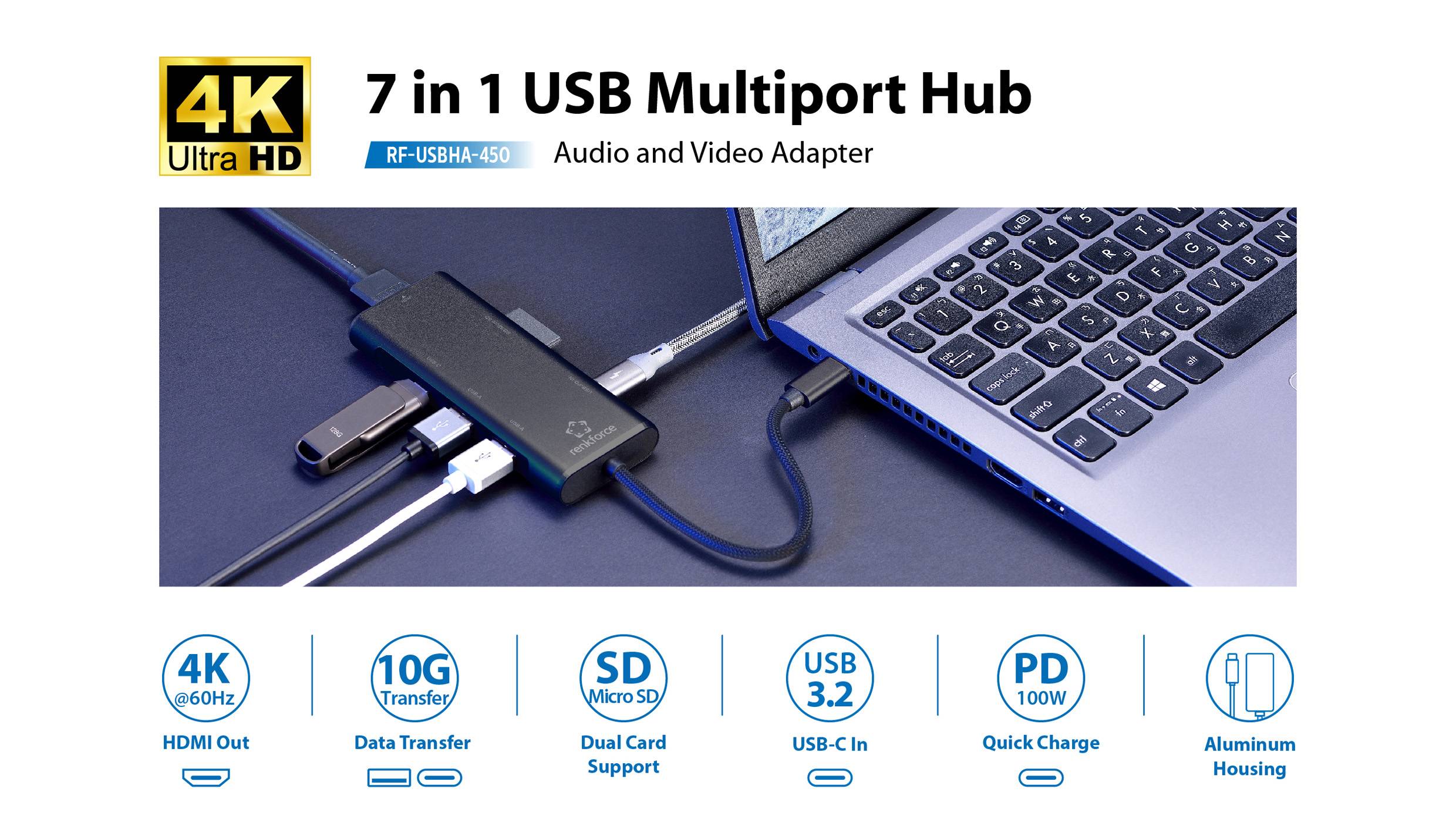 USB multiportový rozbočovač 7 v 1, připojený k notebooku, s funkcemi HDMI, přenosu dat, SD karty, USB 3.2, USB-C, napájení a hliníkovým tělem.