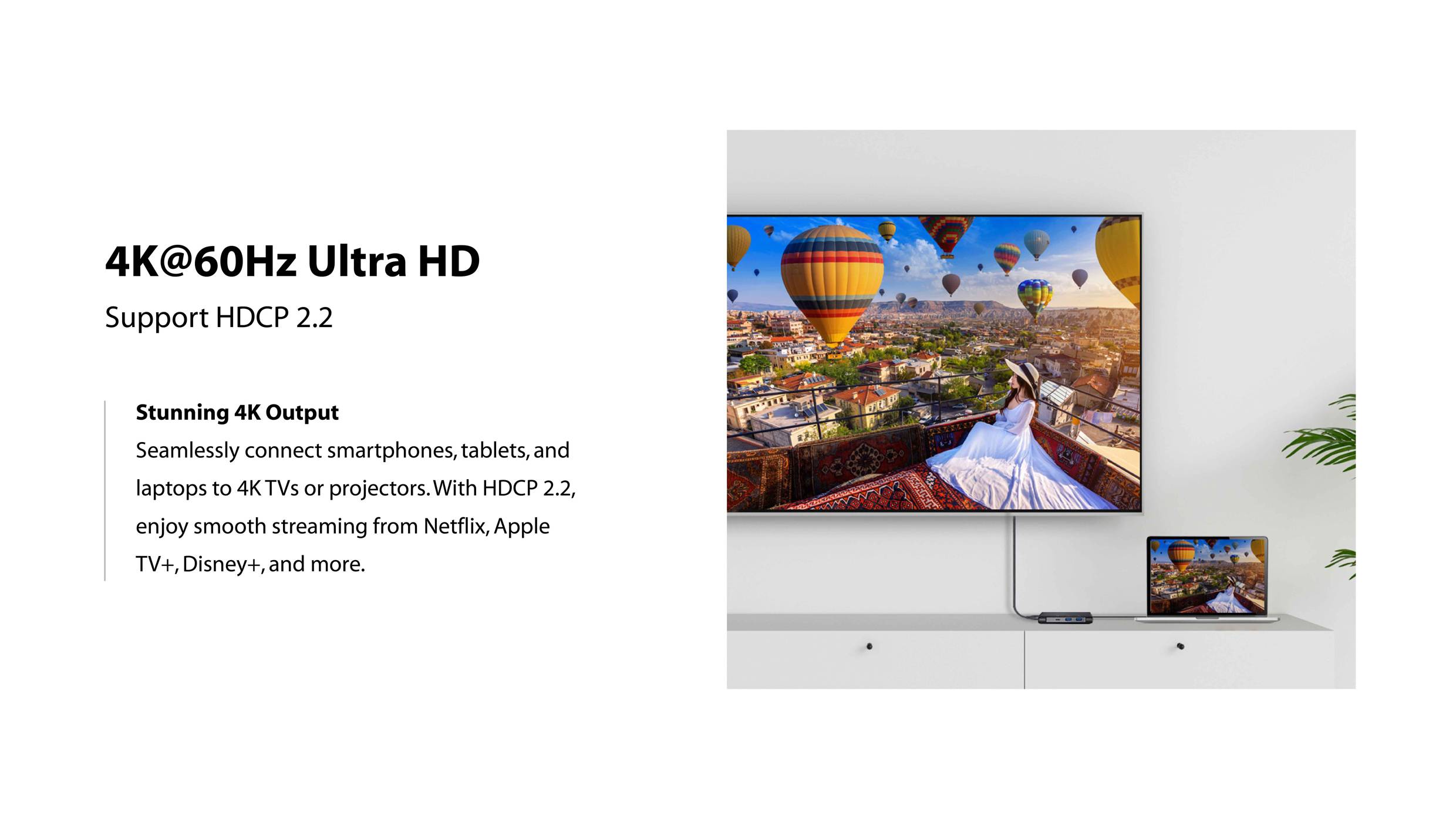 4K televizor zobrazuje obraz horkovzdušných balónů nad městem. Text popisuje rozlišení 4K při 60Hz, kompatibilní s Netflix, Apple TV, HDCP 2.2.
