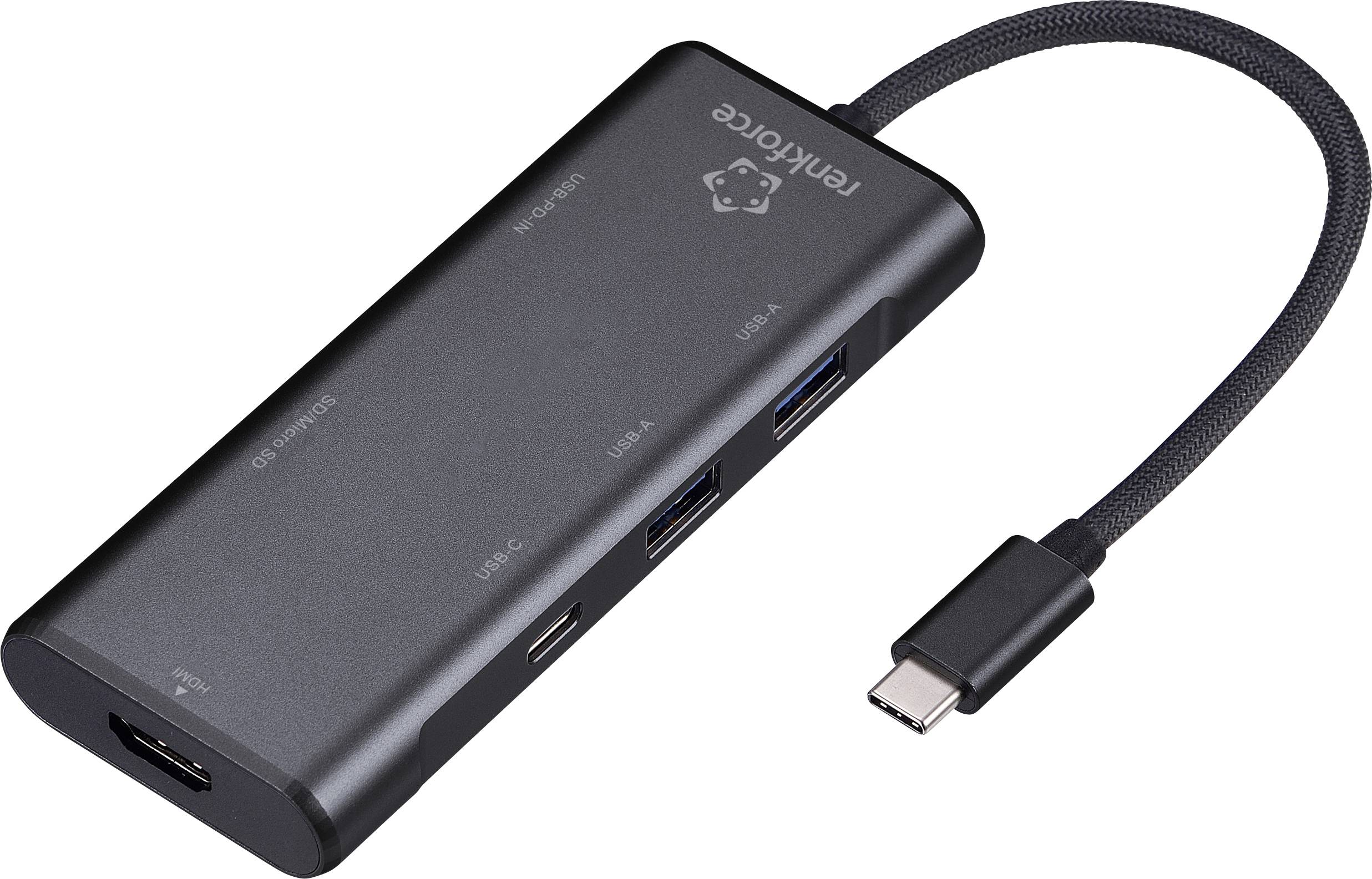 Černý USB-C rozbočovač s více porty, včetně HDMI, USB-A a USB-C, pro připojení různých zařízení k počítači.