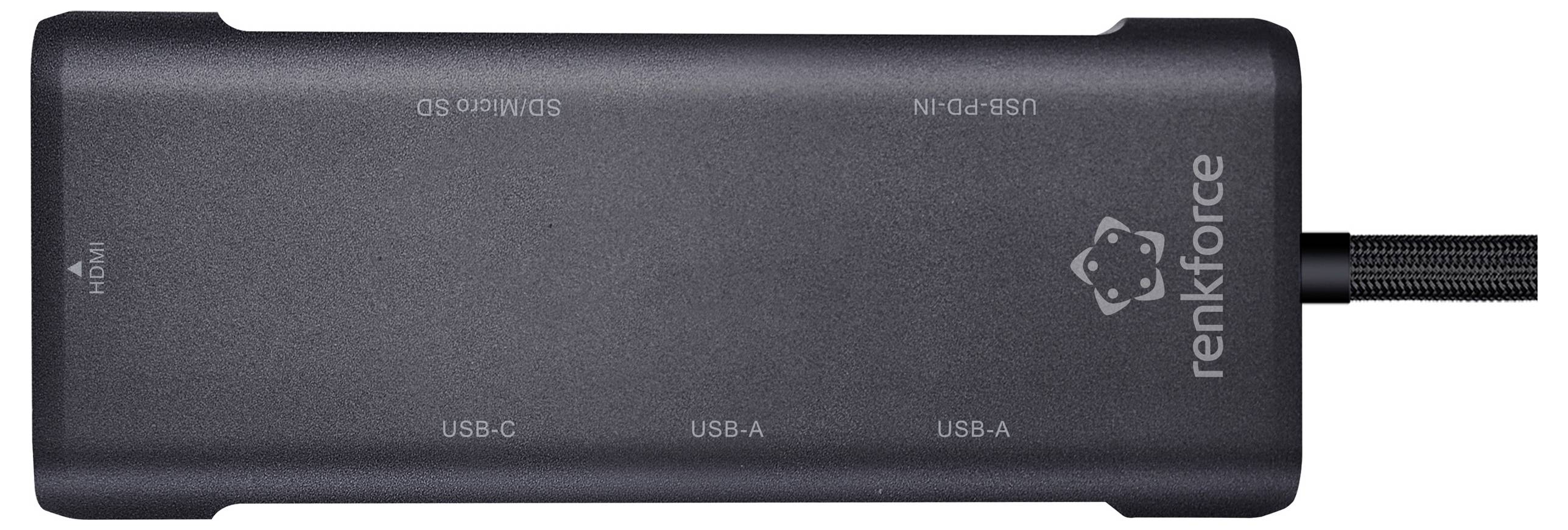Černý USB rozbočovač Renkforce s porty SD/Micro SD, USB-C, USB-A a HDMI, určený pro rozšíření připojení zařízení.