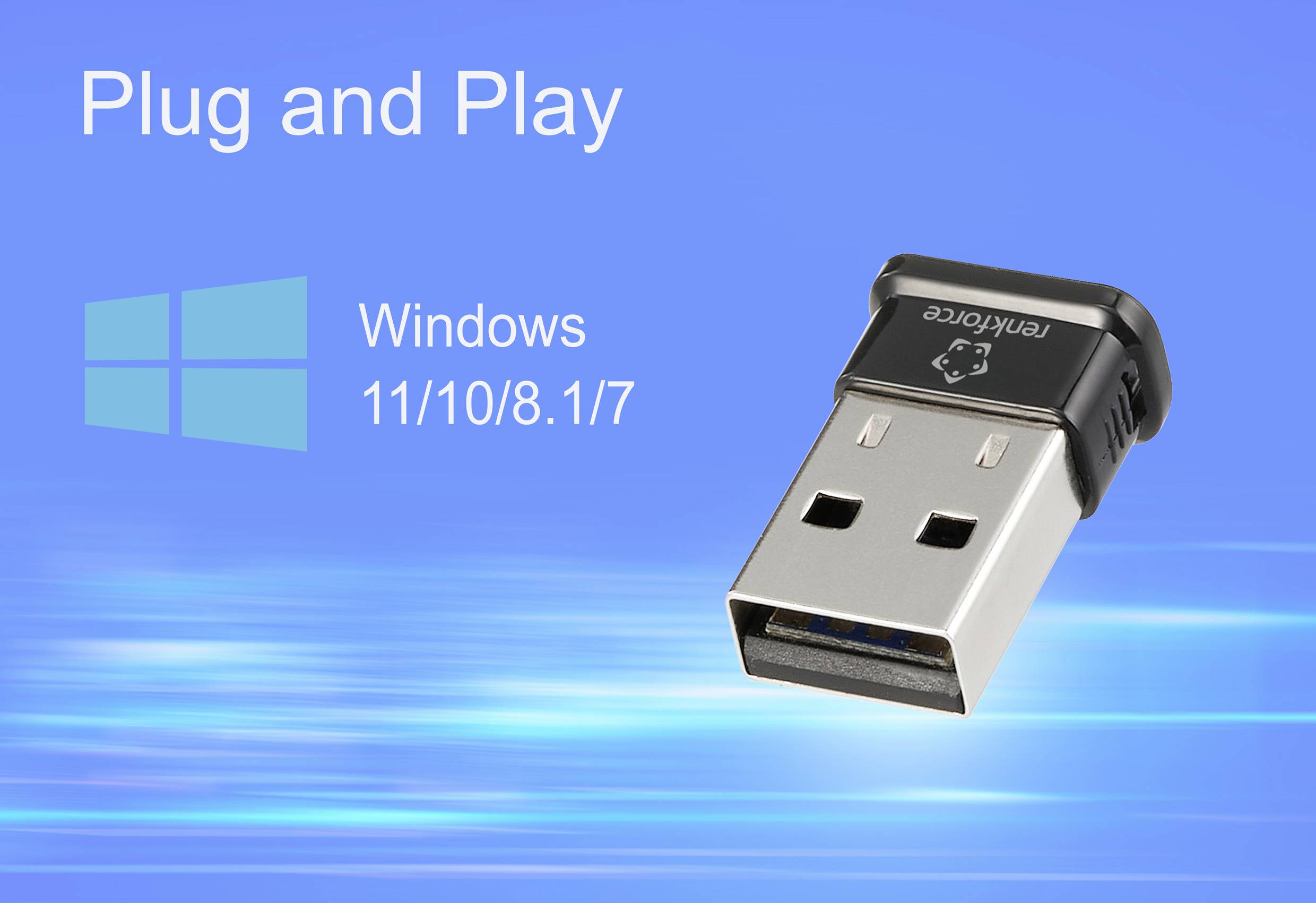 USB přijímač na modrém pozadí, text: 'Plug and Play', kompatibilní s verzemi Windows 11, 10, 8.1, 7.