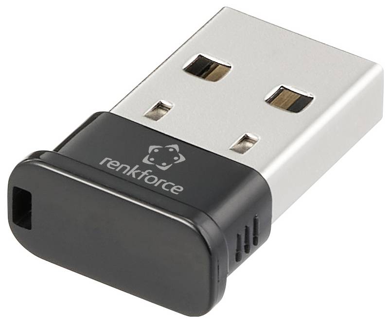 Černý USB flash disk značky Renkforce s částečně stříbrným povrchem.