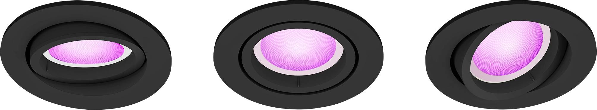 Tři černé vestavné lampy s růžově svítícími čočkami, umístěné v pravidelném uspořádání. Jsou navrženy v moderním stylu.