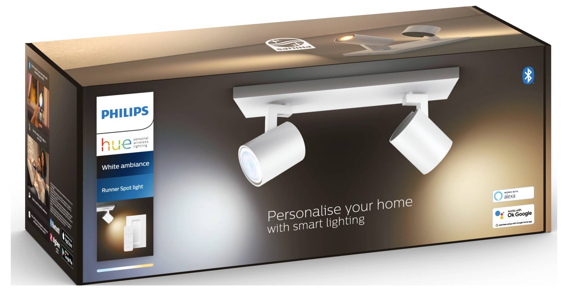 Obal světelného bodového reflektoru Philips Hue White Ambiance Runner s Bluetooth. Text: 'Přizpůsobte si svůj domov chytrým osvětlením'.