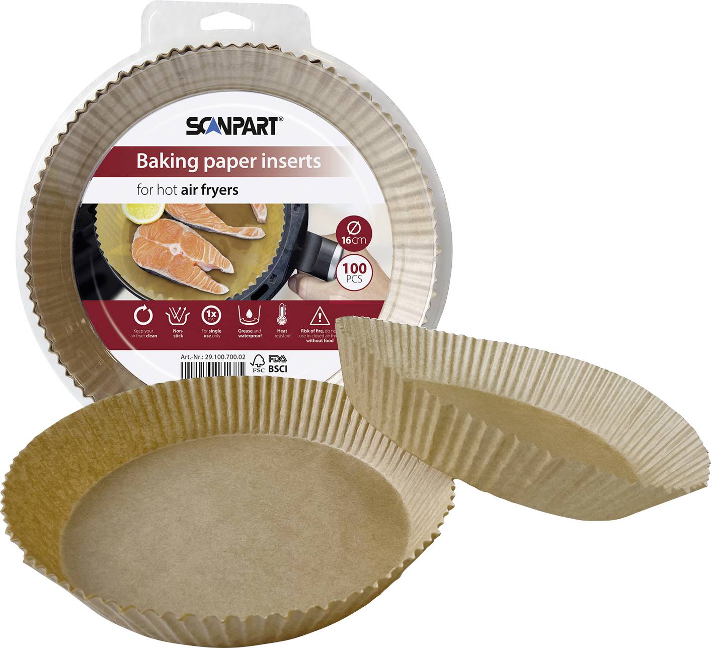 Papírové pečicí vložky do horkovzdušných fritéz. Balení zobrazuje kulaté vložky o průměru 16 cm. 100 kusů. Název značky nahoře.