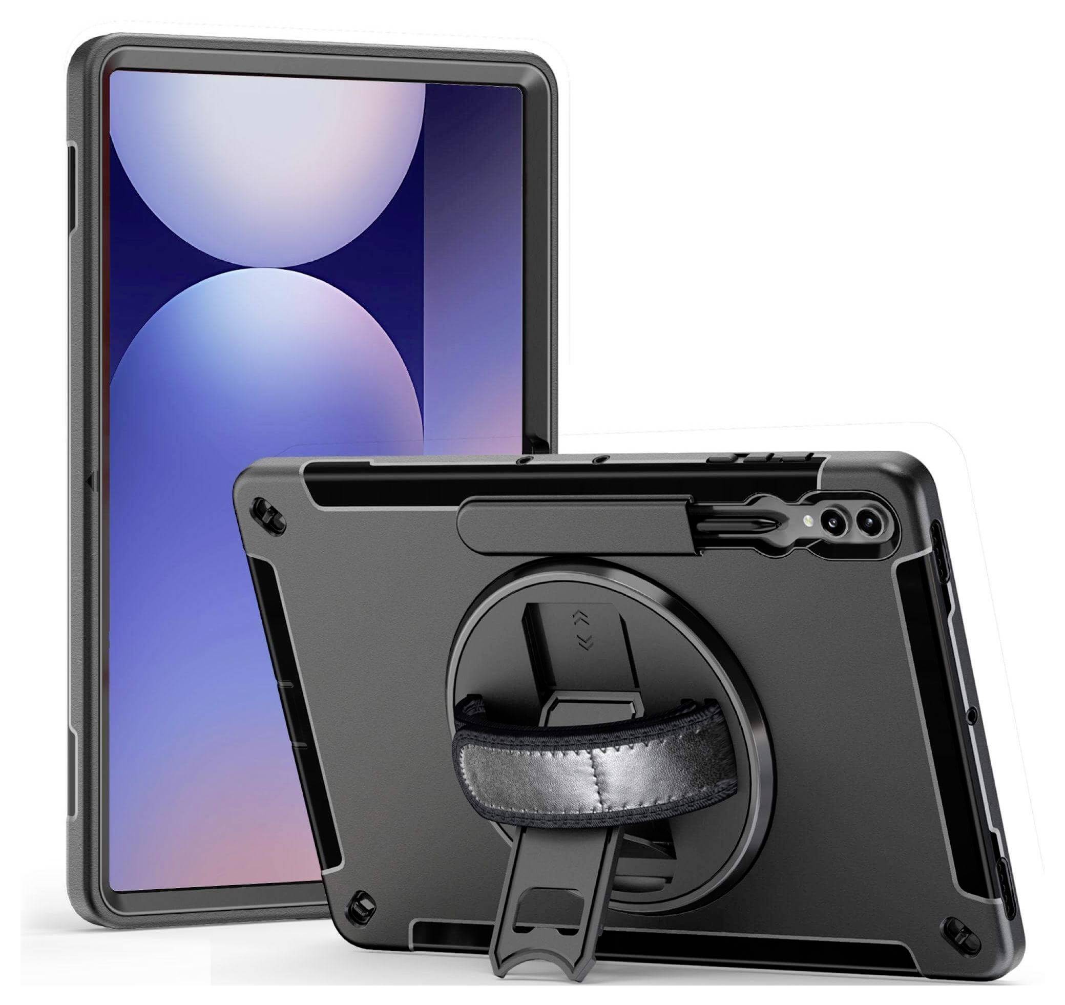 Tablet s černým ochranným pouzdrem, zadní strana s opěrkou a nosným popruhem, přední strana zobrazuje displej s abstraktním modro-fialovým pozadím.