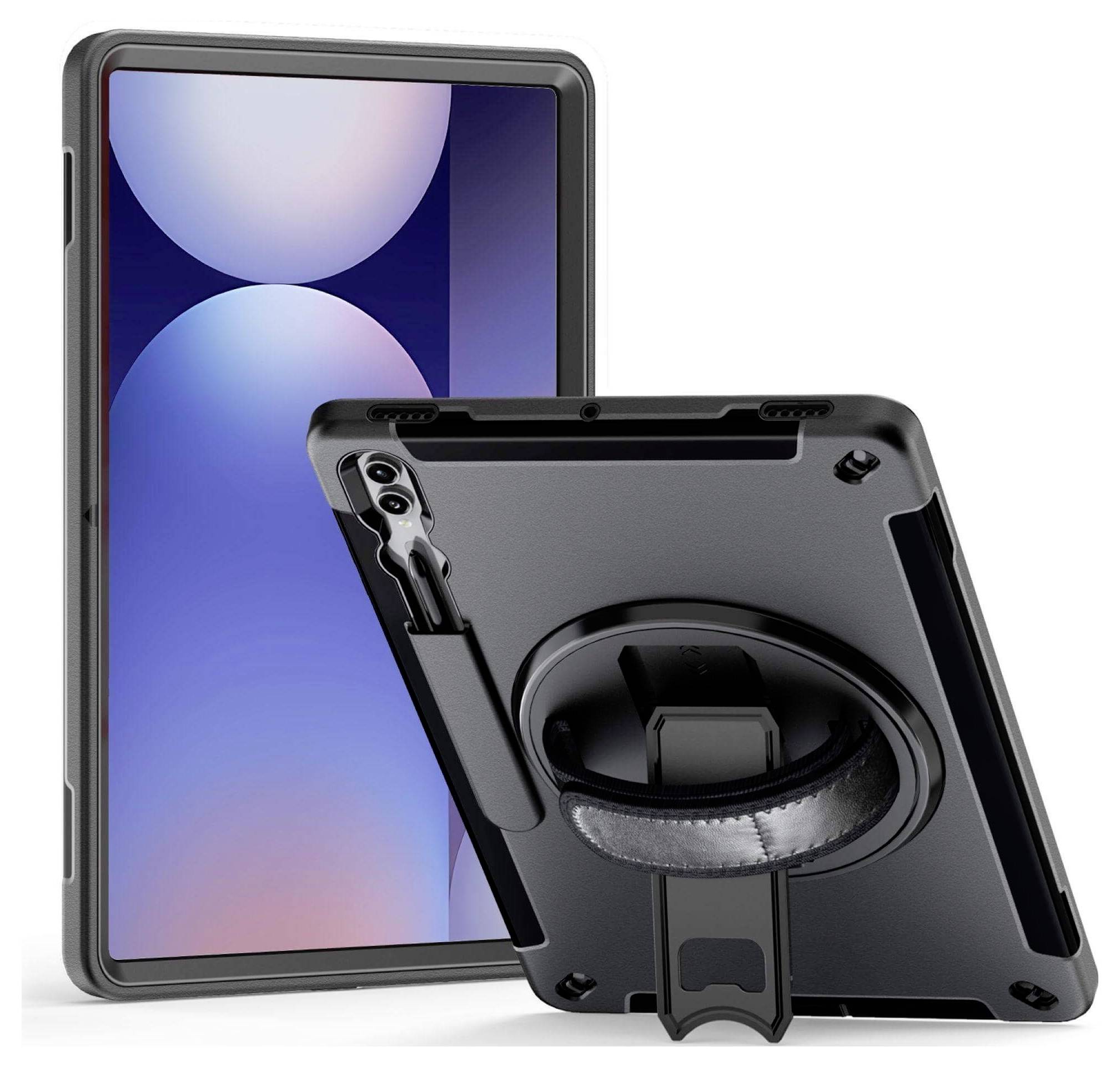 Ochranný kryt na tablet se zabudovaným stojánkem, pohled zezadu a zepředu. Ideální pro bezpečné umístění tabletu při používání.