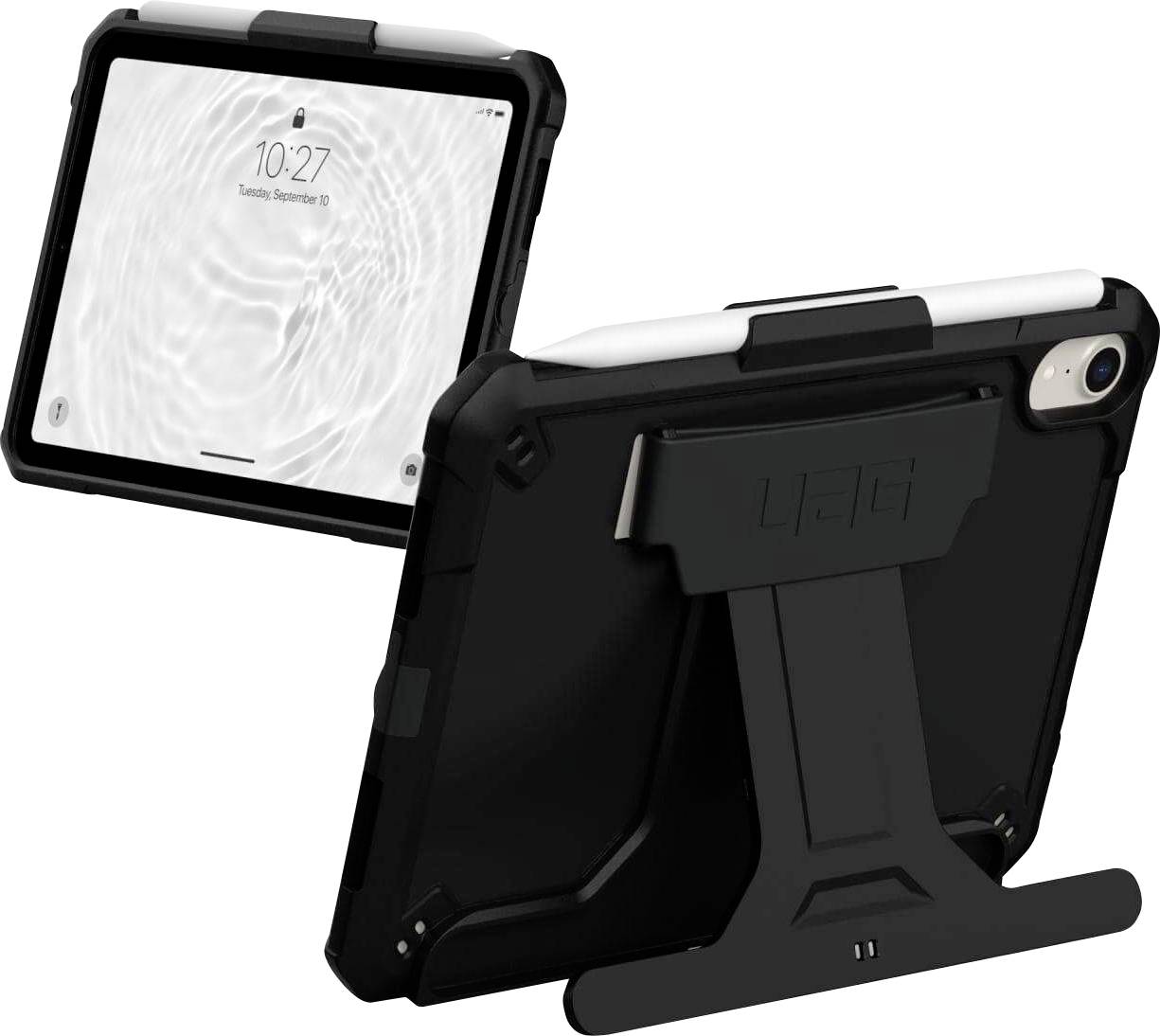 Tablet s robustním černým pouzdrem a stojánkem, displej zobrazuje design vodní kapky. Zadní strana ukazuje sklopitelný stojánek.