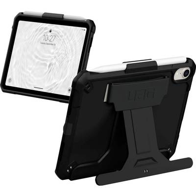 Tablet s robustním černým pouzdrem a stojánkem, displej zobrazuje design vodní kapky. Zadní strana ukazuje sklopitelný stojánek.